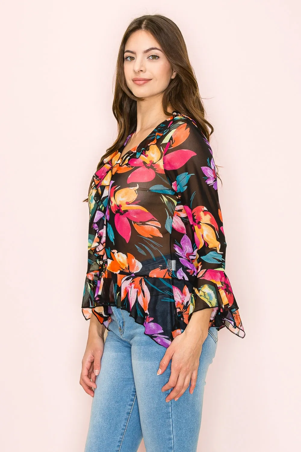 BUTTON FRONT RUFFLE DETAIL BELL BLOUSE