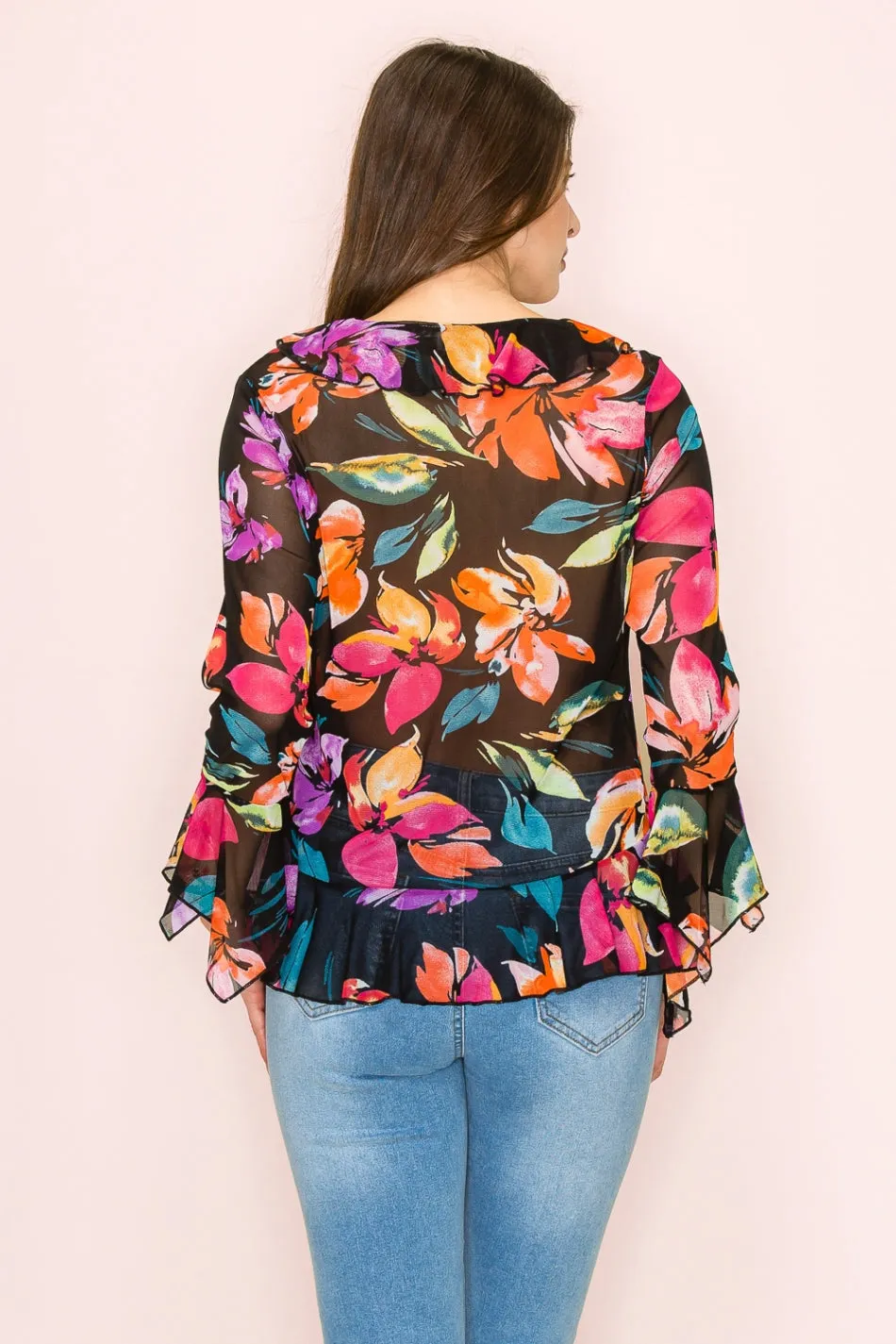 BUTTON FRONT RUFFLE DETAIL BELL BLOUSE