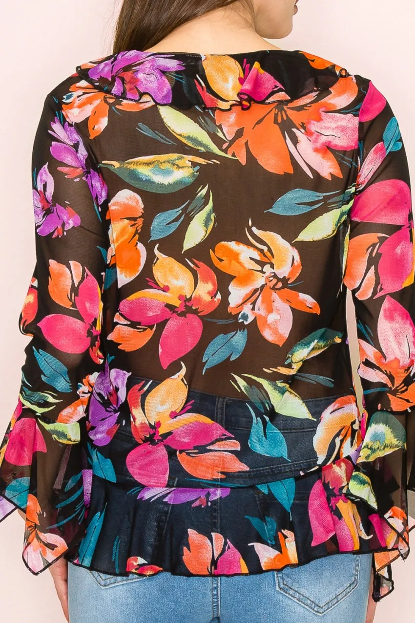 BUTTON FRONT RUFFLE DETAIL BELL BLOUSE
