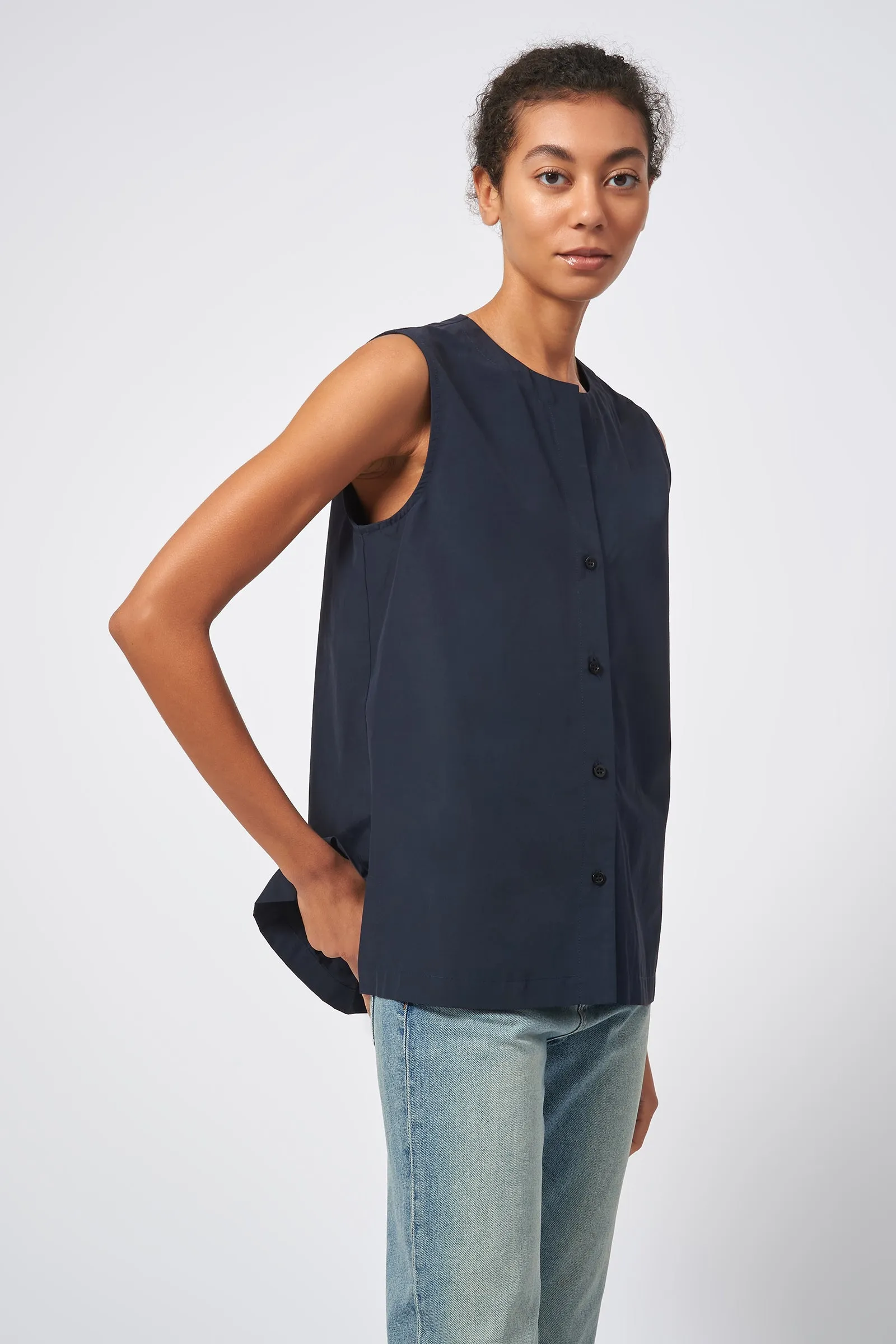 Button Front Shell - Navy Broadcloth