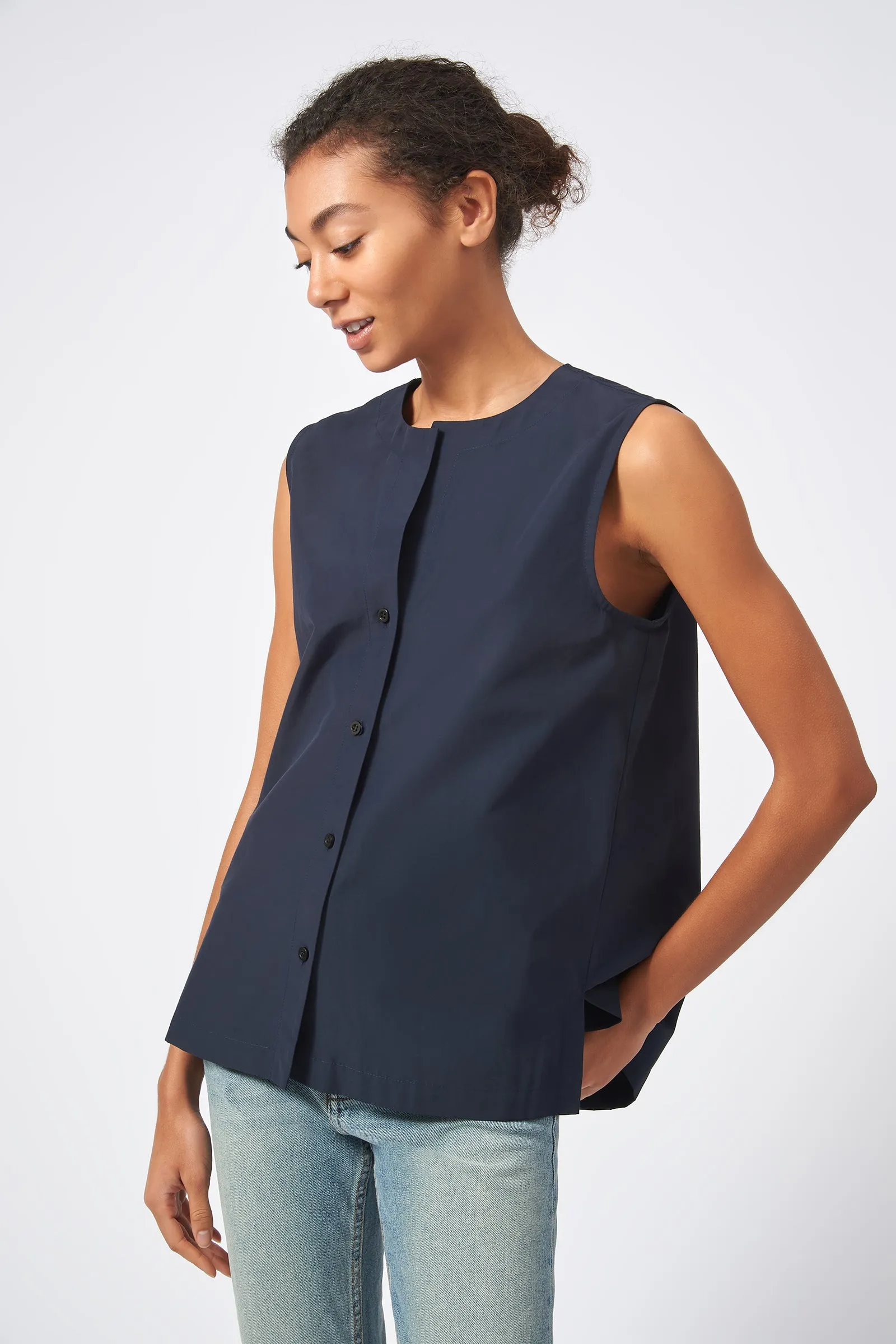 Button Front Shell - Navy Broadcloth