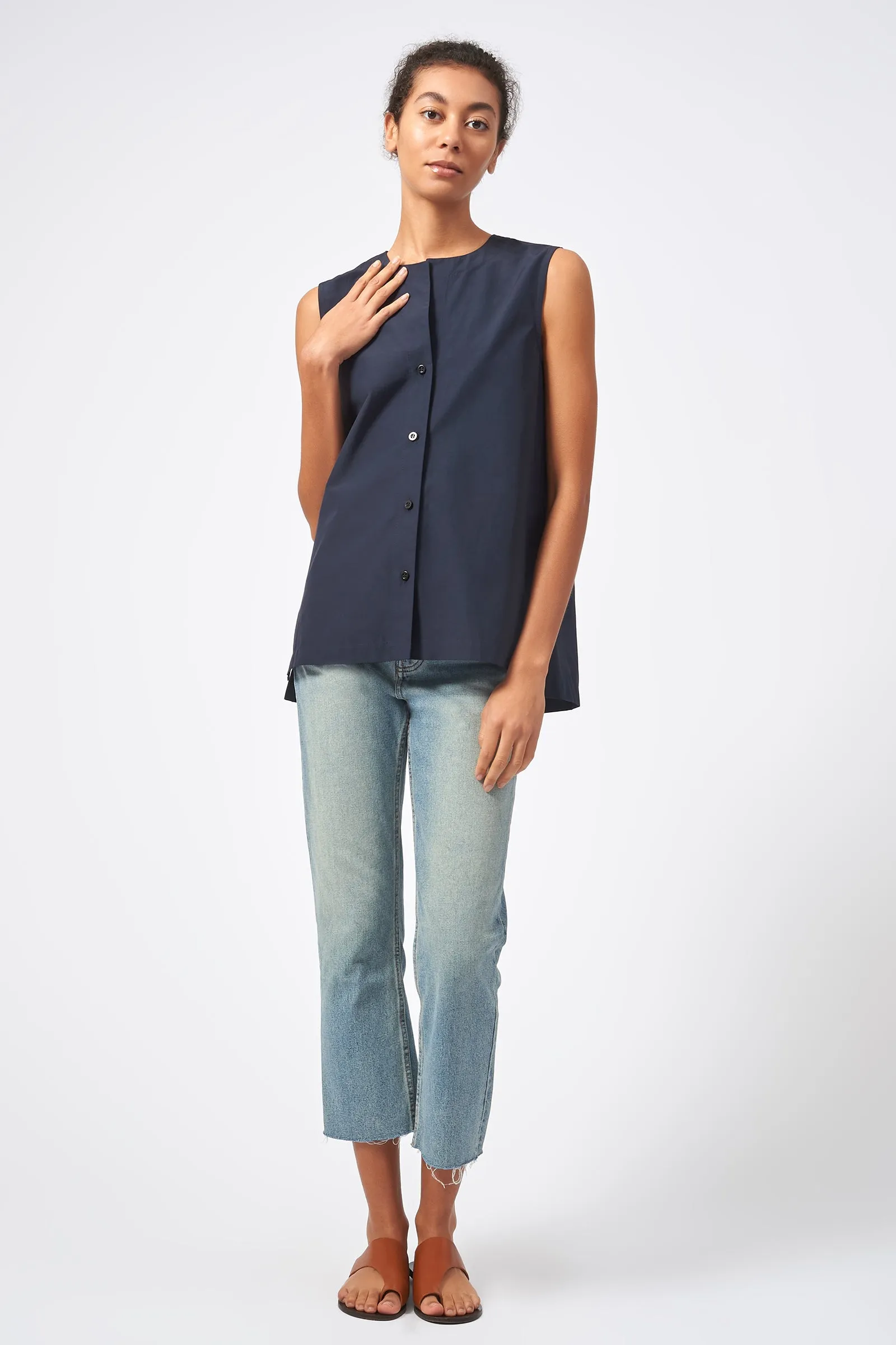 Button Front Shell - Navy Broadcloth