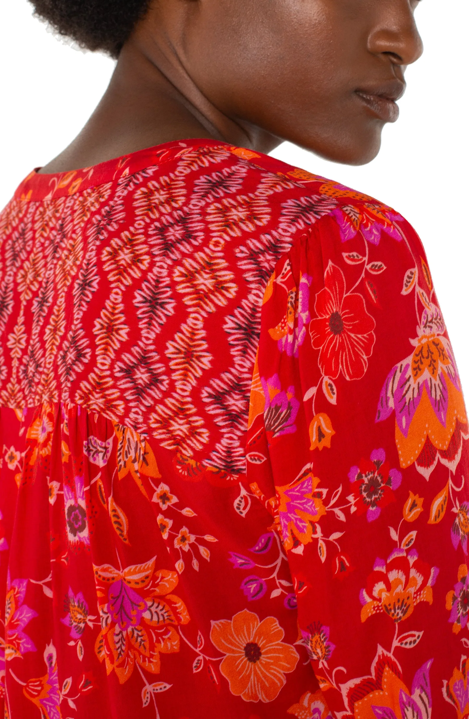 Button Front Shirred Blouse | Red/Orange Floral