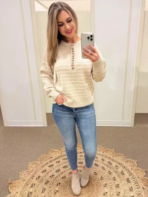 Button Front Sweater with Stripes in Beige