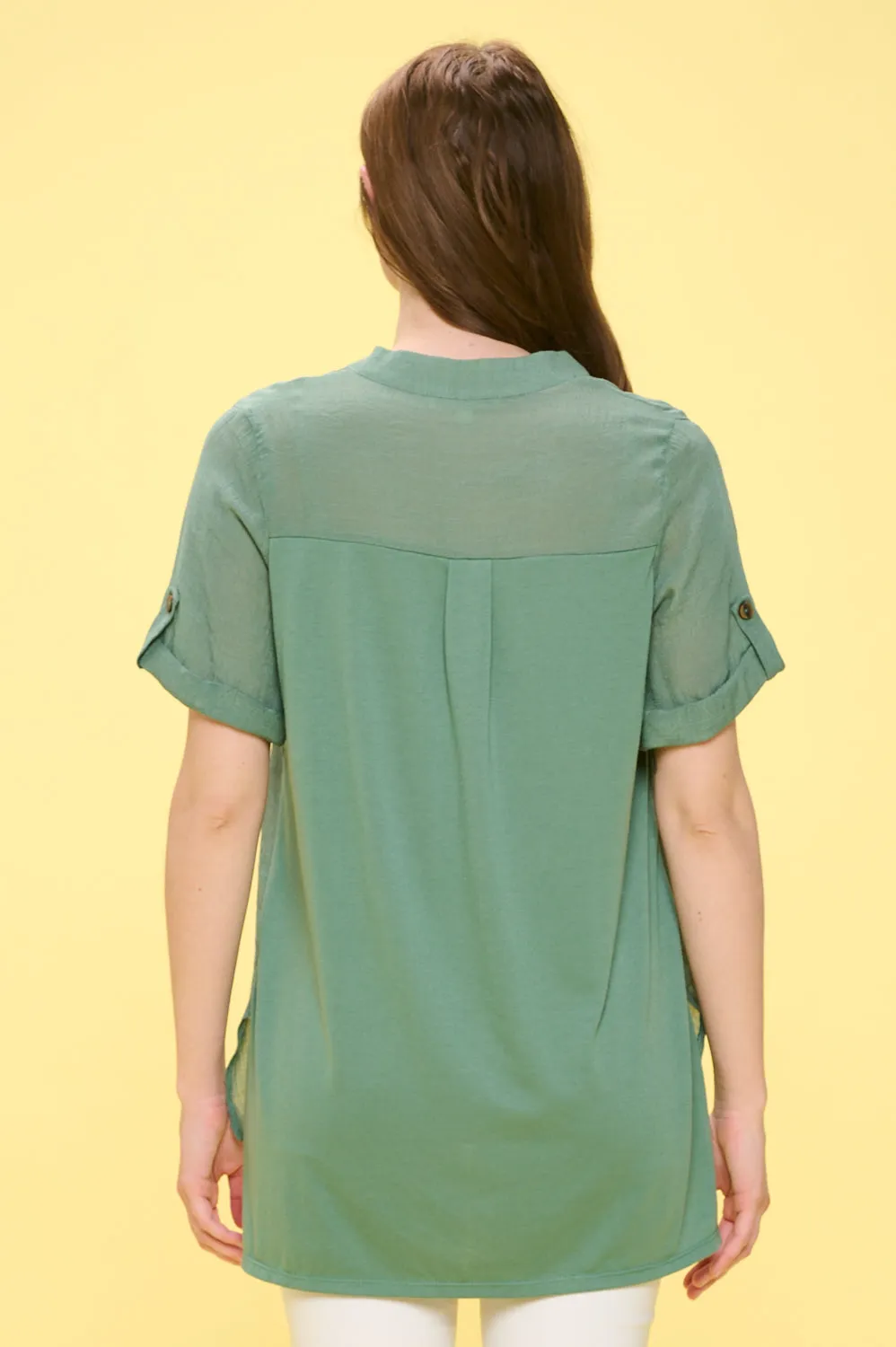 BUTTON PLACKET SIDE SLIT SHORT SLEEVE SHIRT TUNIC