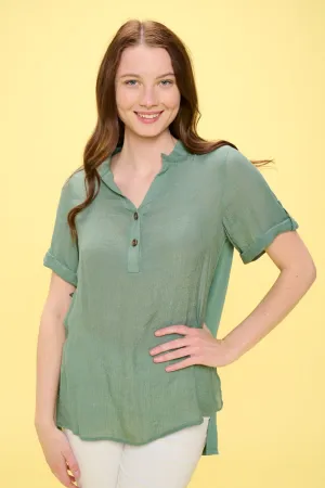 BUTTON PLACKET SIDE SLIT SHORT SLEEVE SHIRT TUNIC