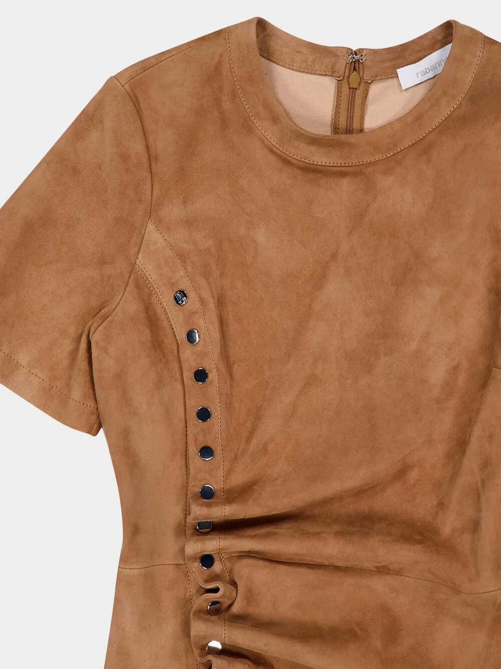 Camel Draped Suede Mini Dress