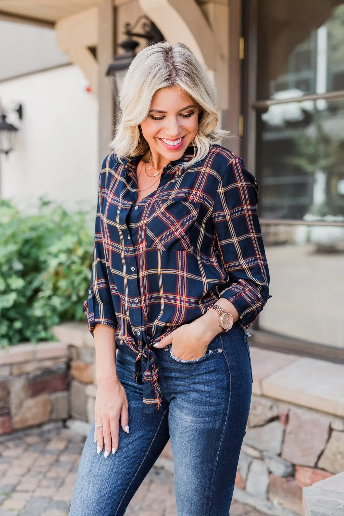 Carrying Your Love Flannel Button Up Top- Navy & Mustard