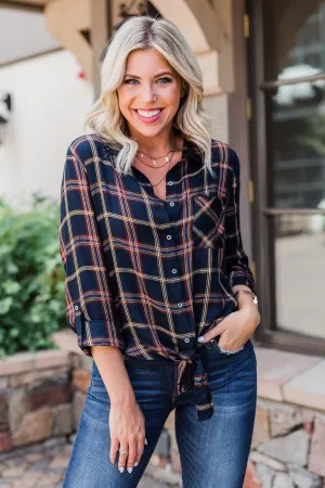 Carrying Your Love Flannel Button Up Top- Navy & Mustard