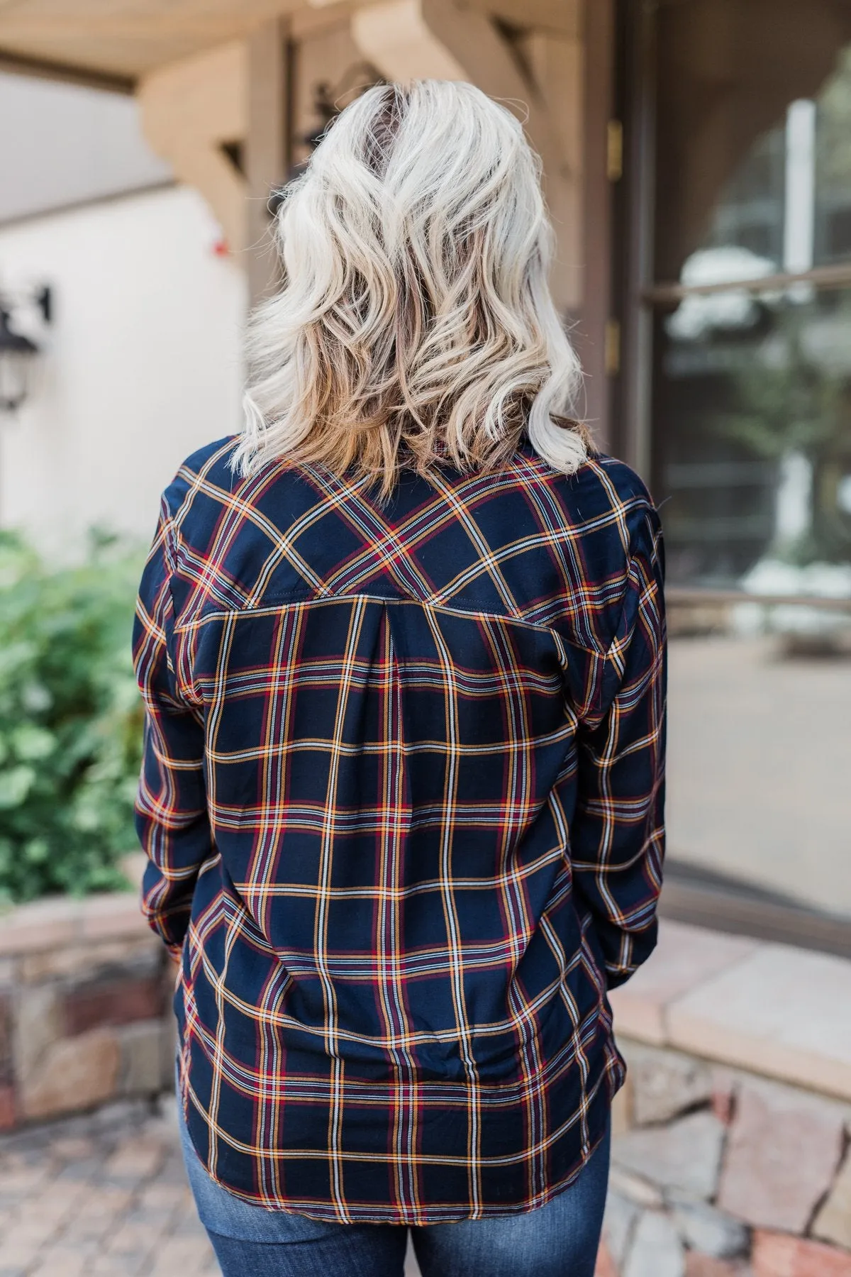 Carrying Your Love Flannel Button Up Top- Navy & Mustard