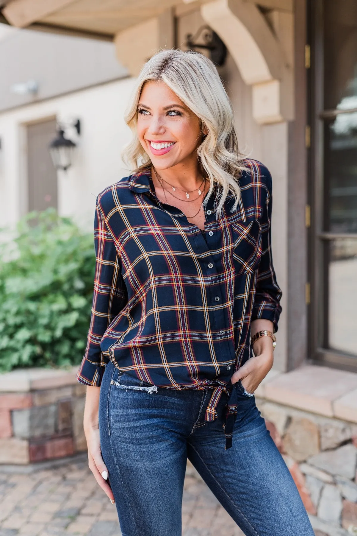 Carrying Your Love Flannel Button Up Top- Navy & Mustard