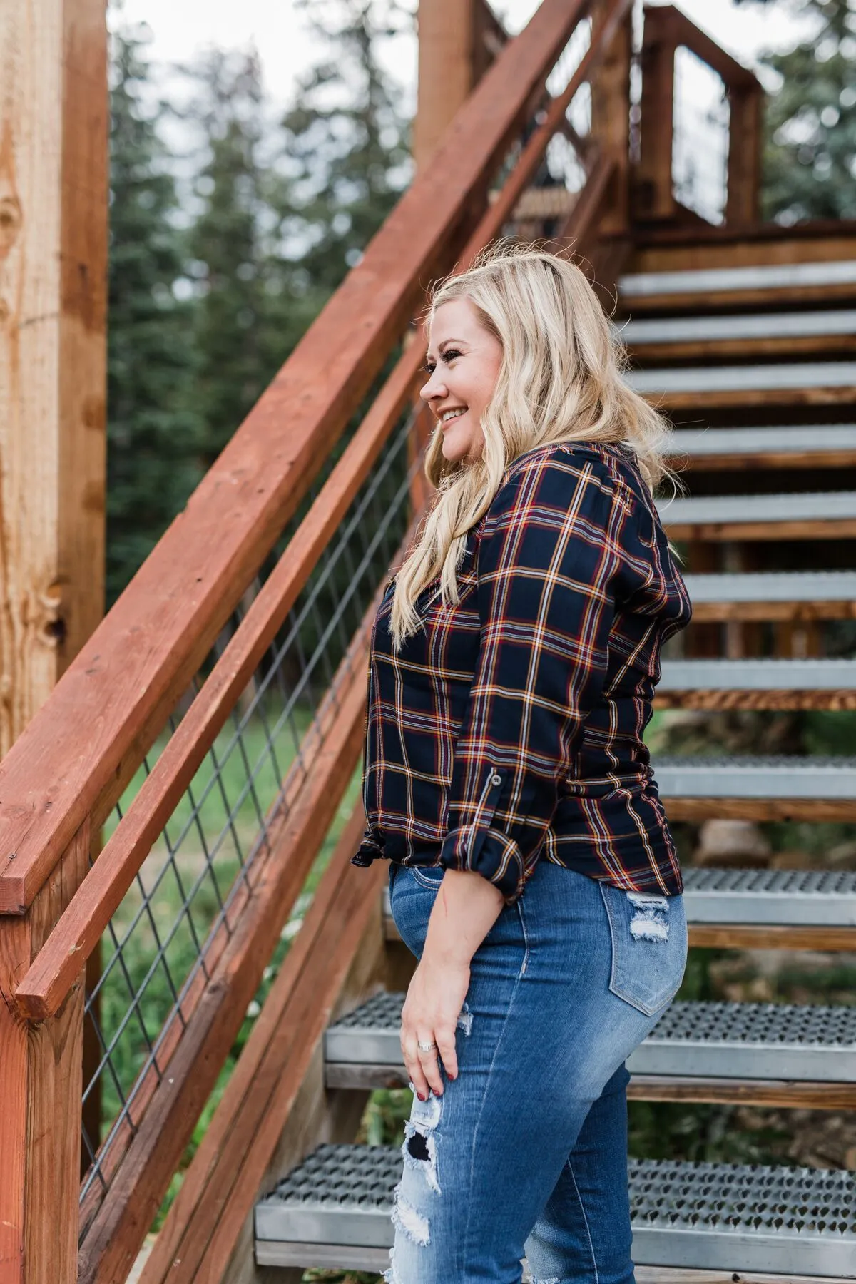 Carrying Your Love Flannel Button Up Top- Navy & Mustard