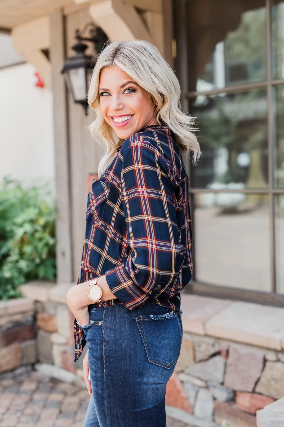 Carrying Your Love Flannel Button Up Top- Navy & Mustard