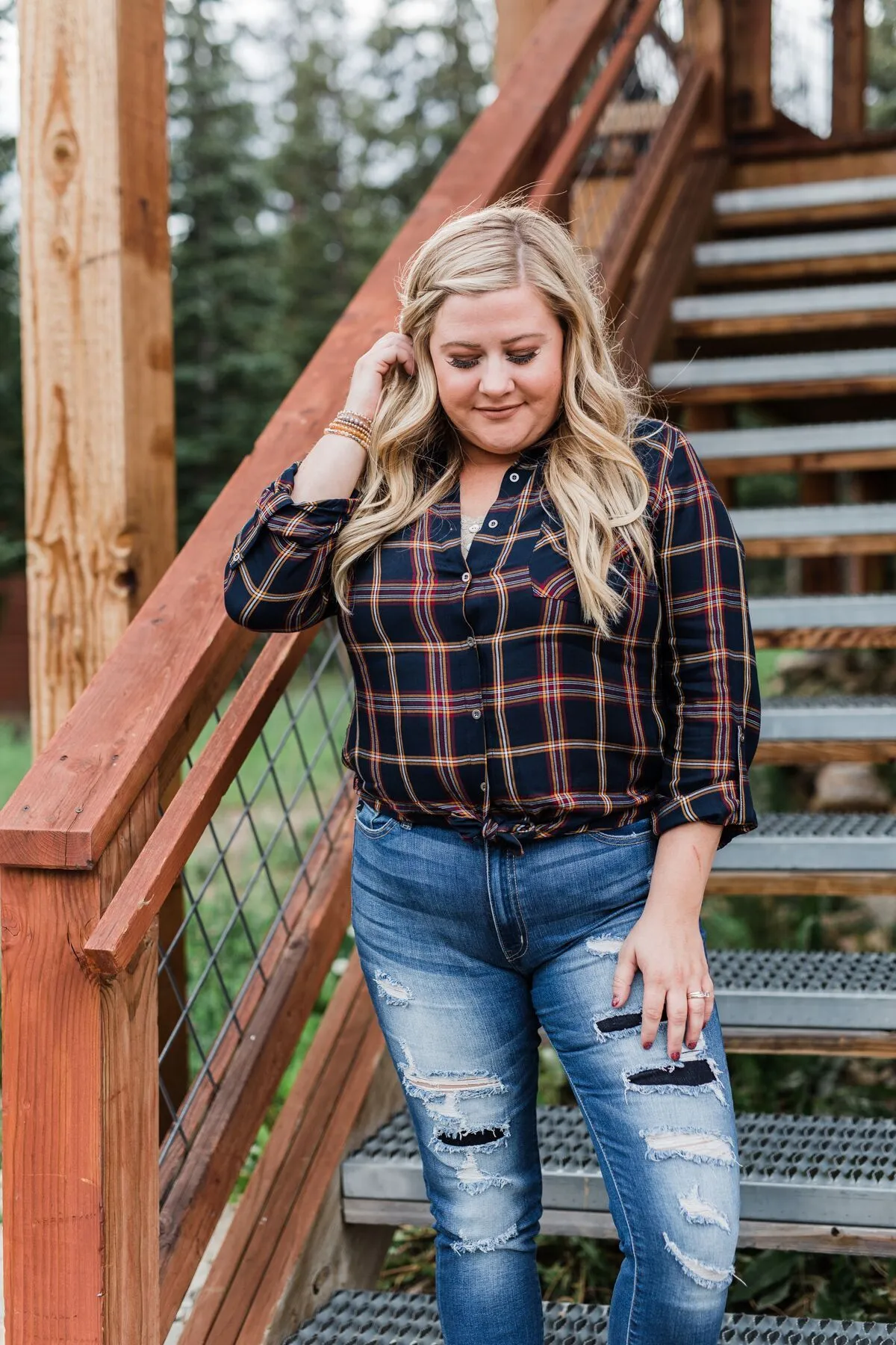 Carrying Your Love Flannel Button Up Top- Navy & Mustard