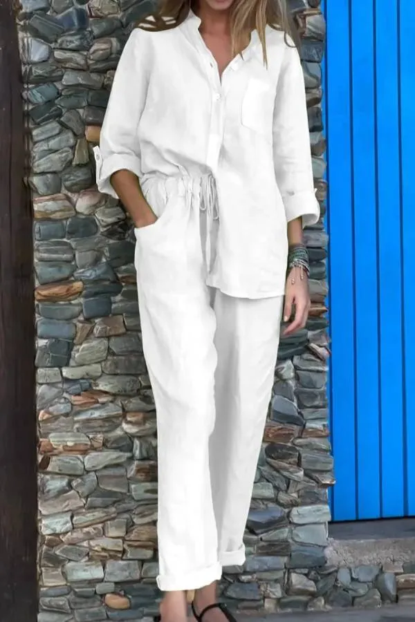 Casual Solid Color V-Neck Shirt & Pants Cotton Linen Two-Piece Set