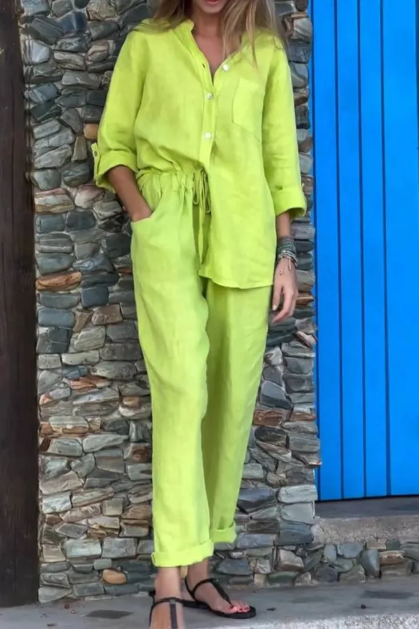 Casual Solid Color V-Neck Shirt & Pants Cotton Linen Two-Piece Set