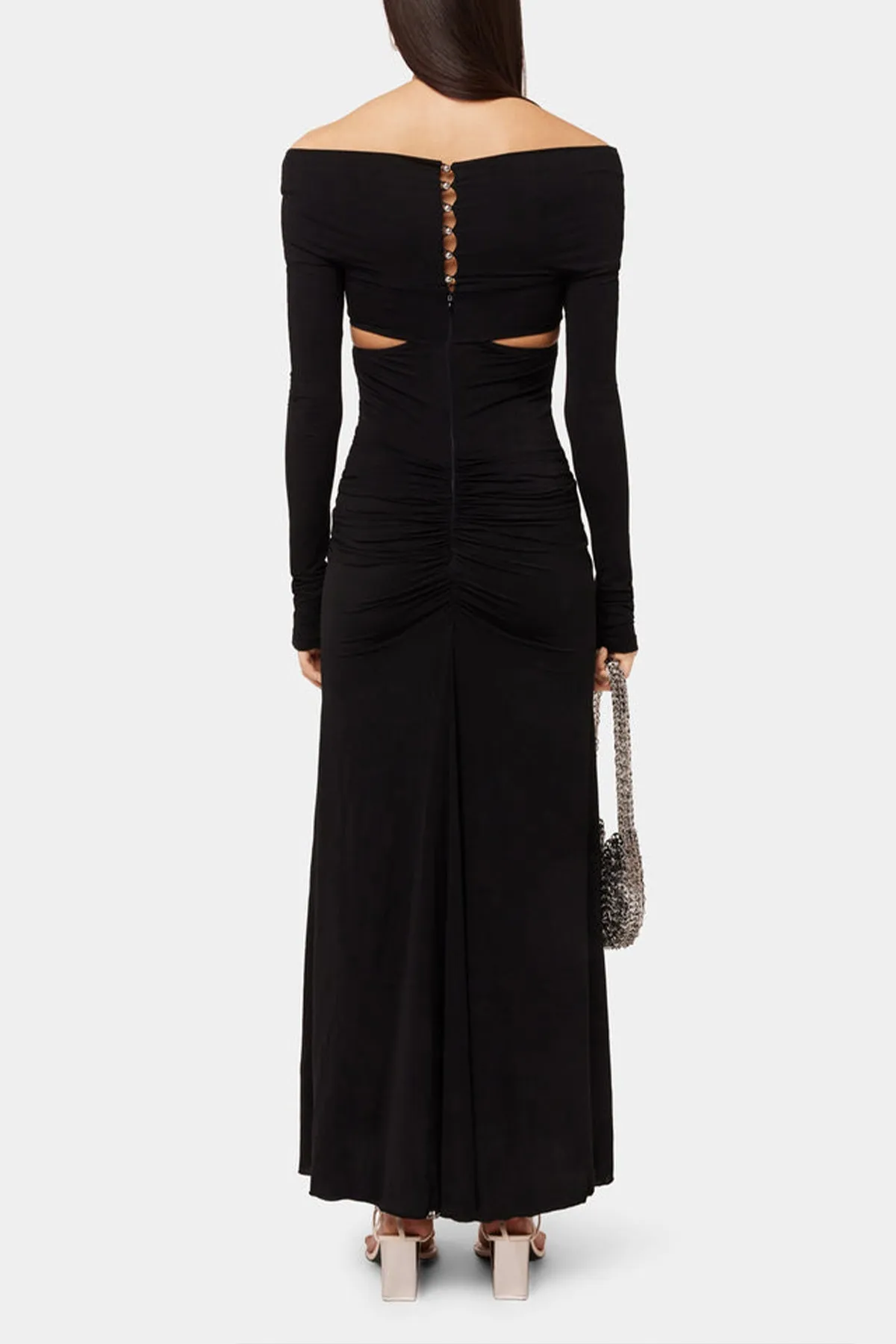 Chain-Detail Draped Long Dress in Black