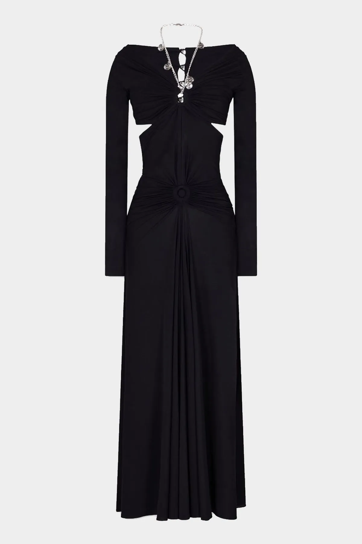 Chain-Detail Draped Long Dress in Black
