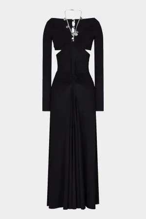 Chain-Detail Draped Long Dress in Black