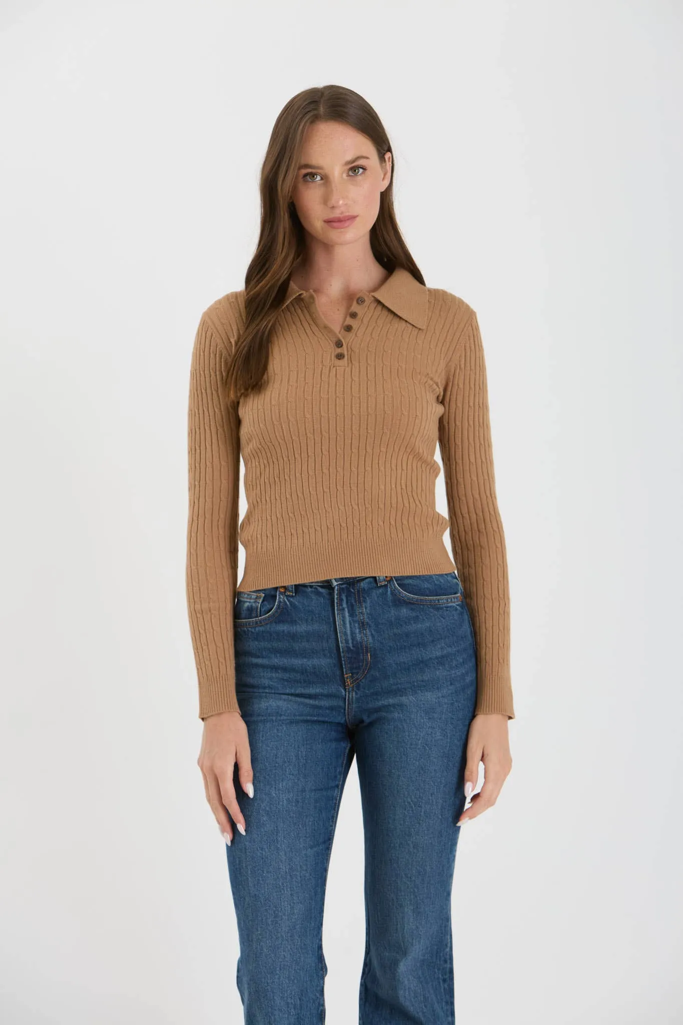 COLLARED POLO LONG SLEEVE KNIT TOP