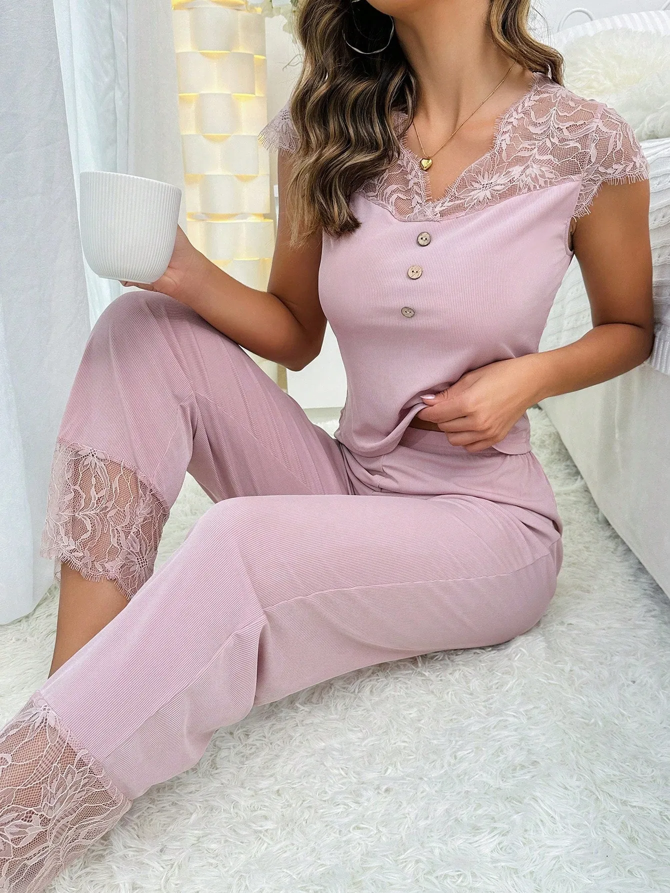 Contrast Lace Button Front PJ Set