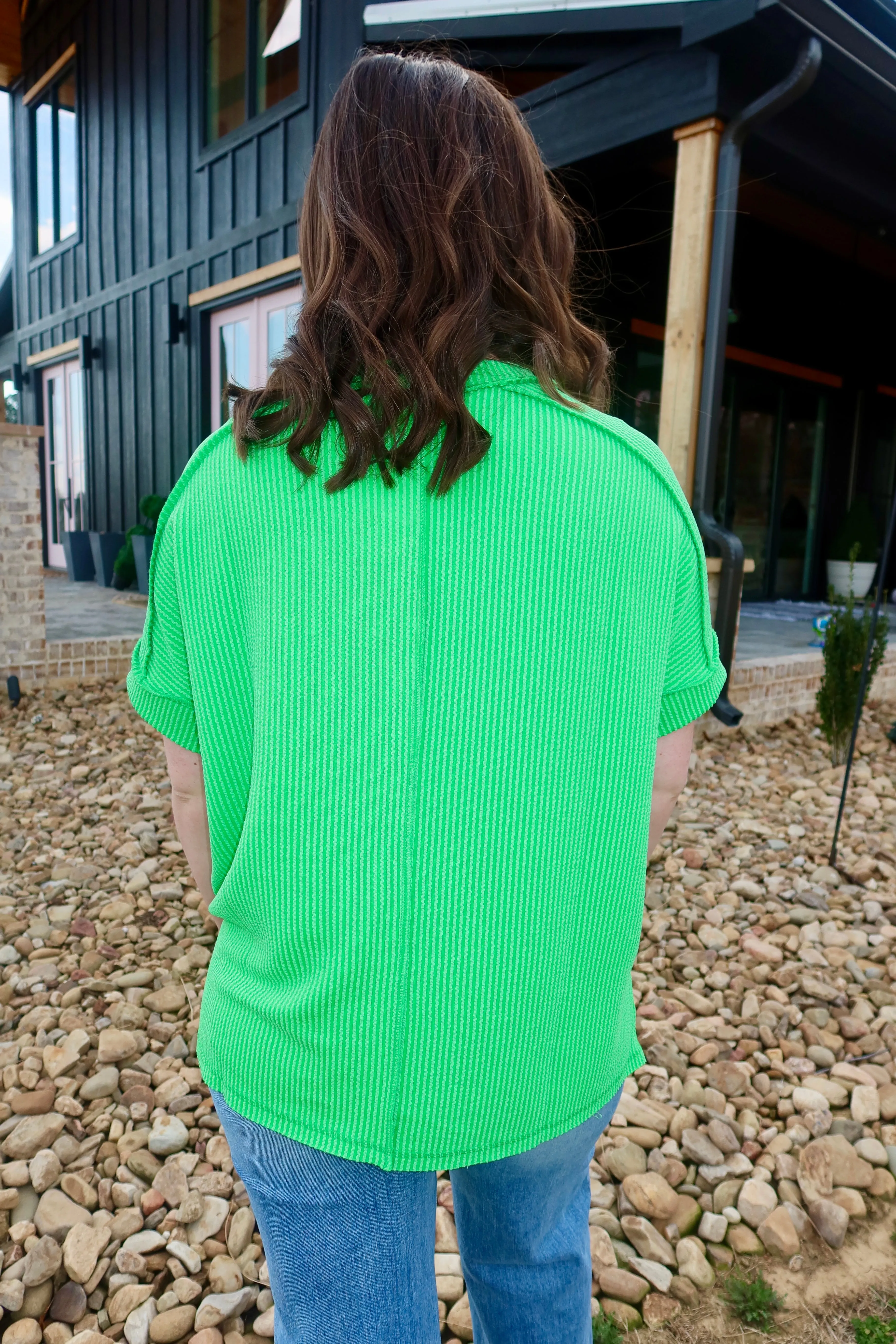 CORDED RIB SHORT CUFF SLEEVE RAW EDGE TOP