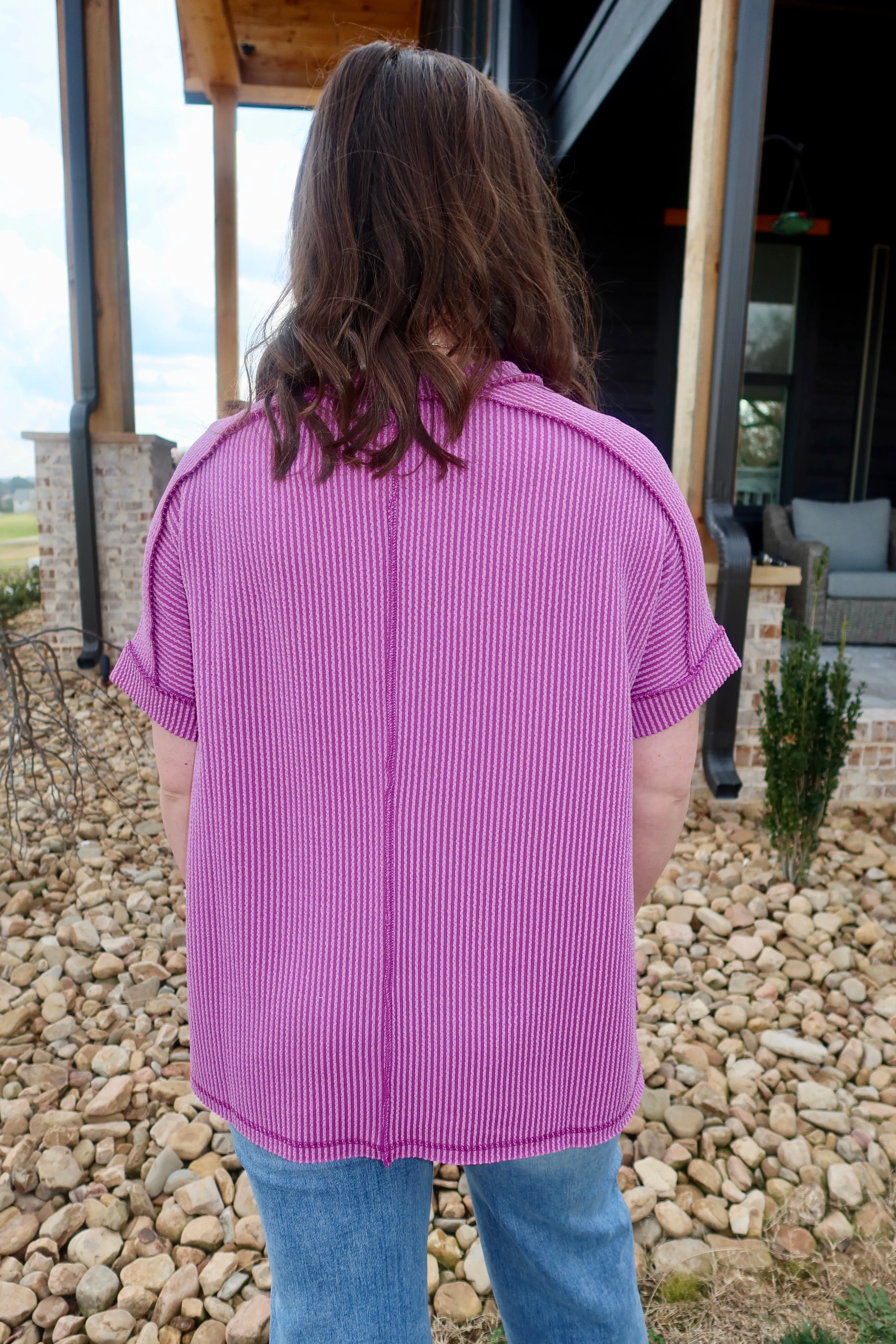 CORDED RIB SHORT CUFF SLEEVE RAW EDGE TOP