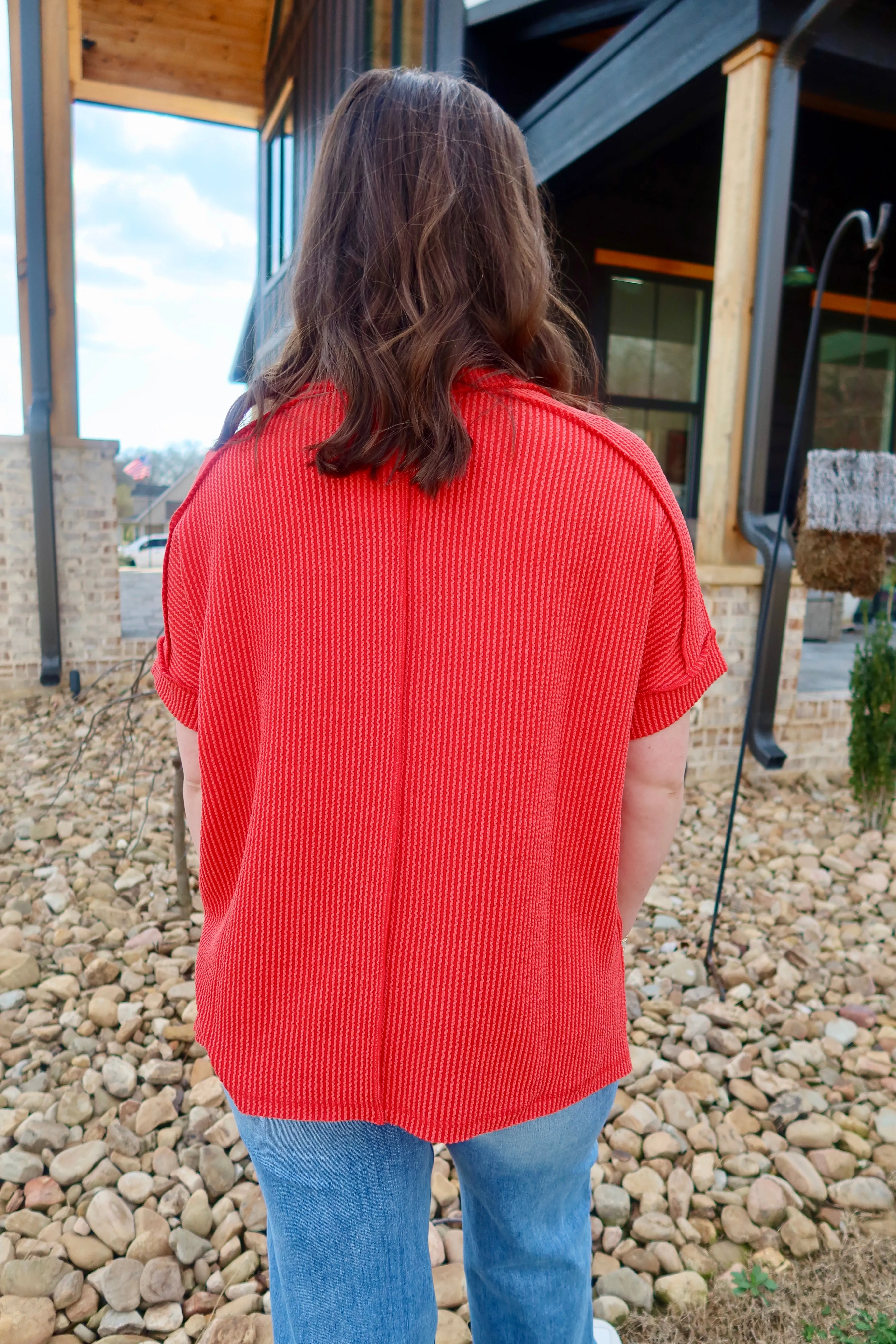 CORDED RIB SHORT CUFF SLEEVE RAW EDGE TOP