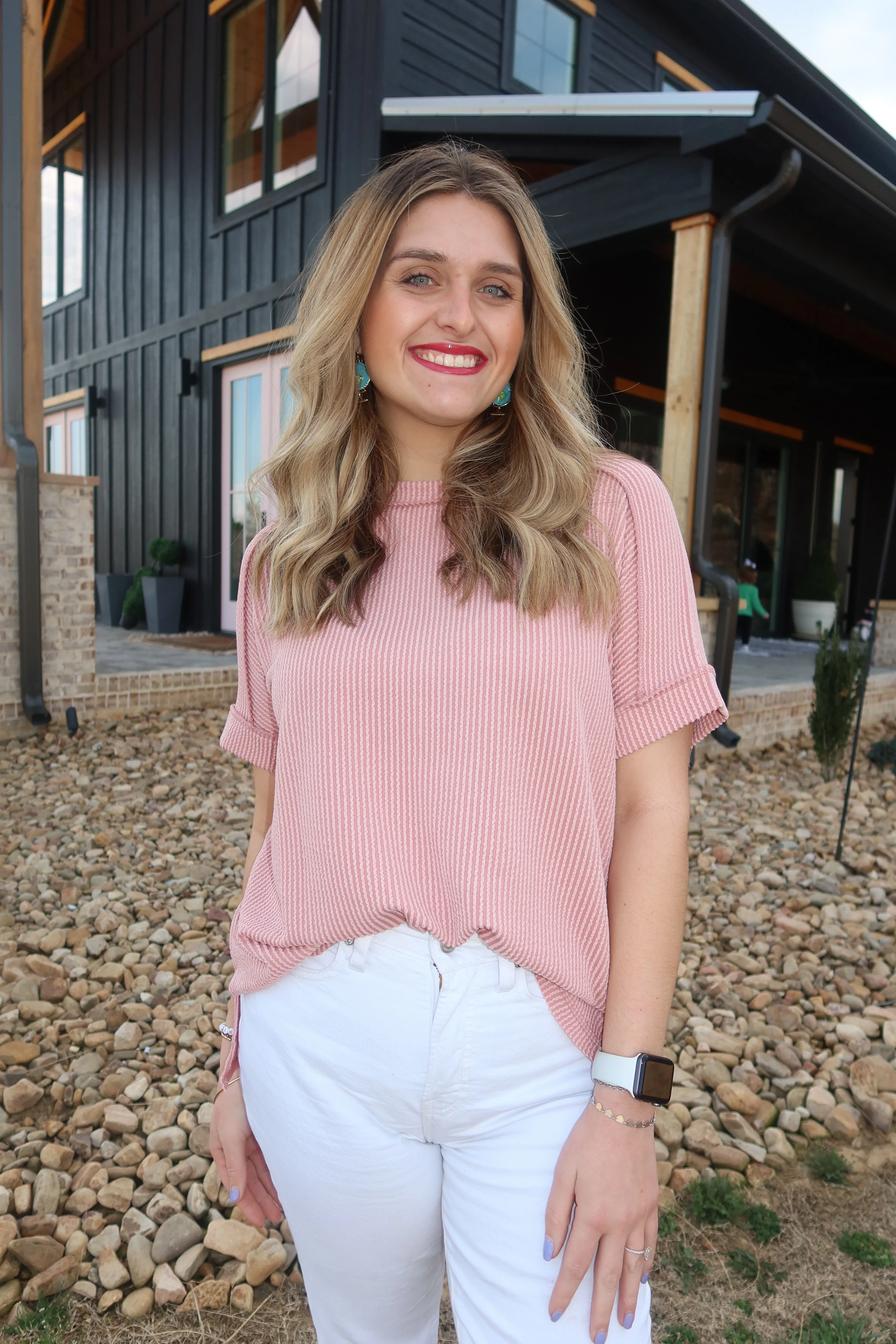 CORDED RIB SHORT CUFF SLEEVE RAW EDGE TOP