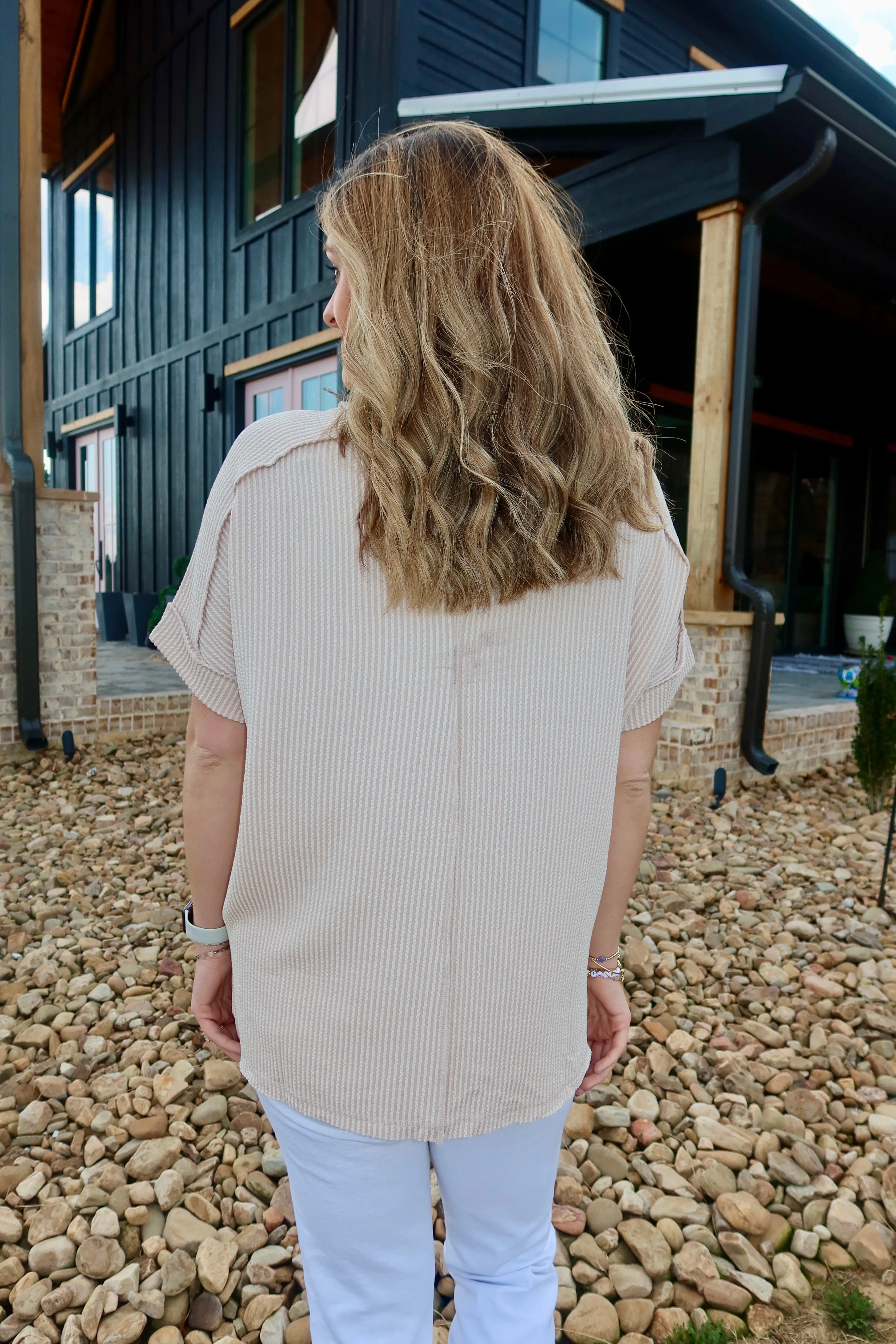 CORDED RIB SHORT CUFF SLEEVE RAW EDGE TOP