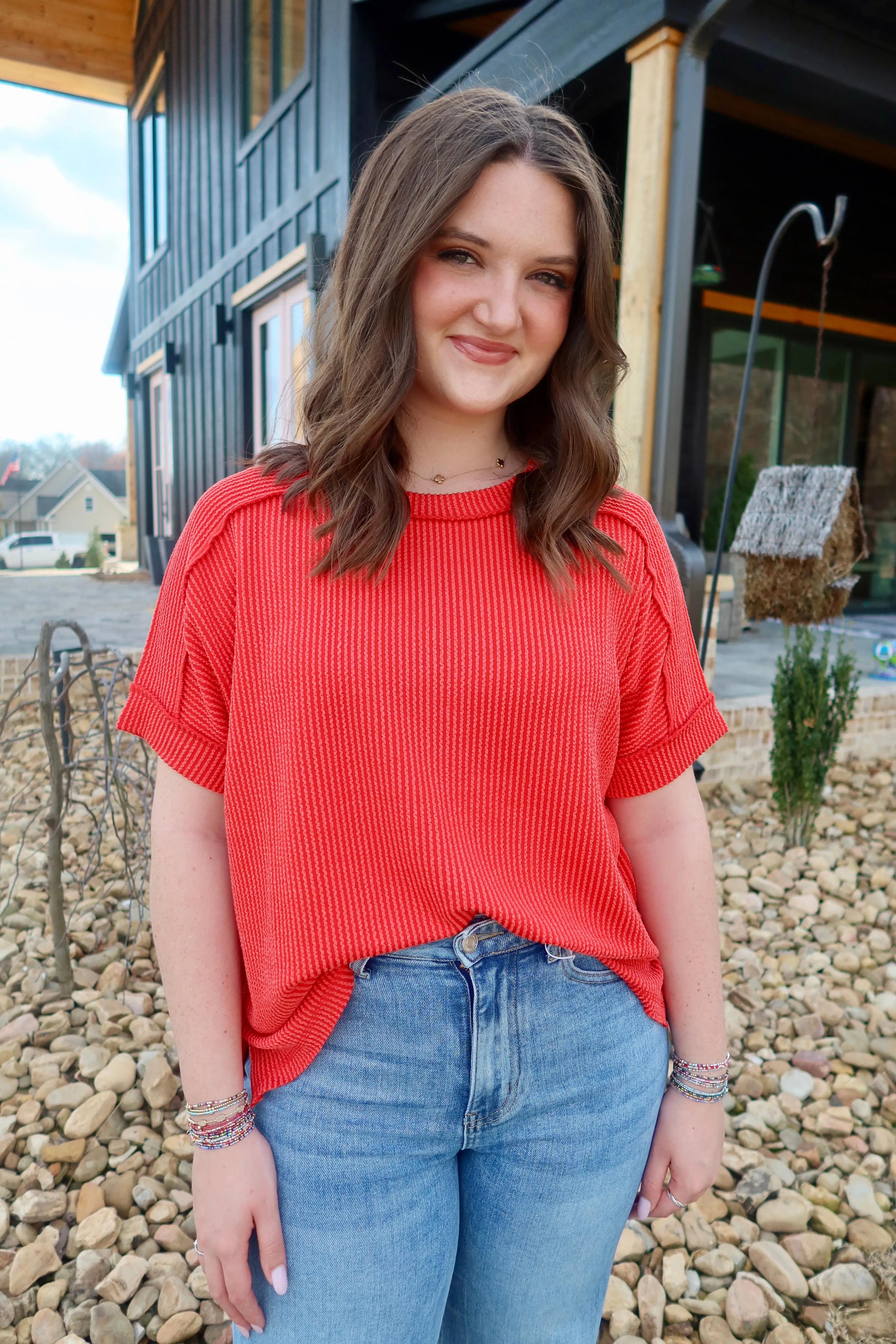 CORDED RIB SHORT CUFF SLEEVE RAW EDGE TOP