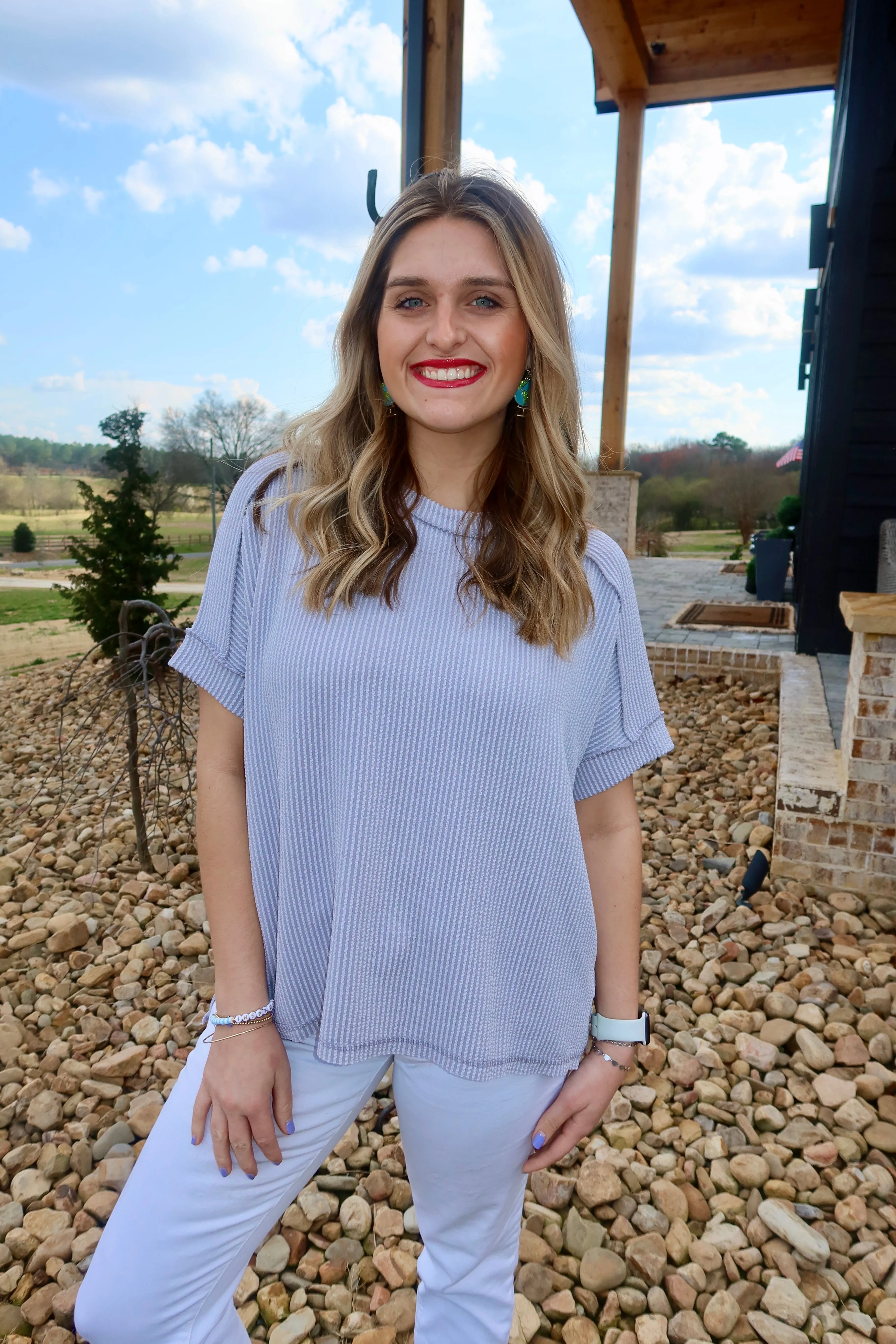 CORDED RIB SHORT CUFF SLEEVE RAW EDGE TOP