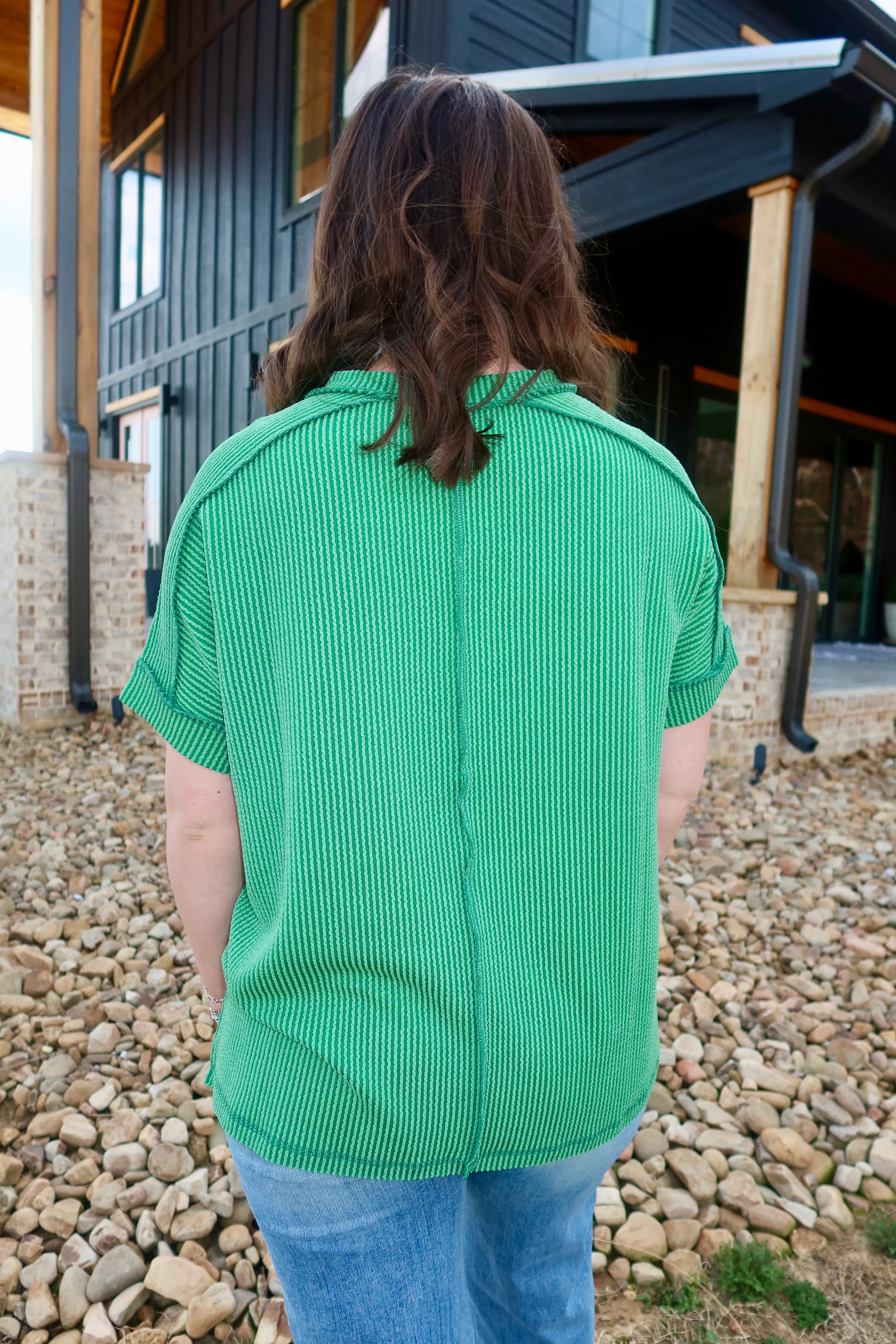 CORDED RIB SHORT CUFF SLEEVE RAW EDGE TOP