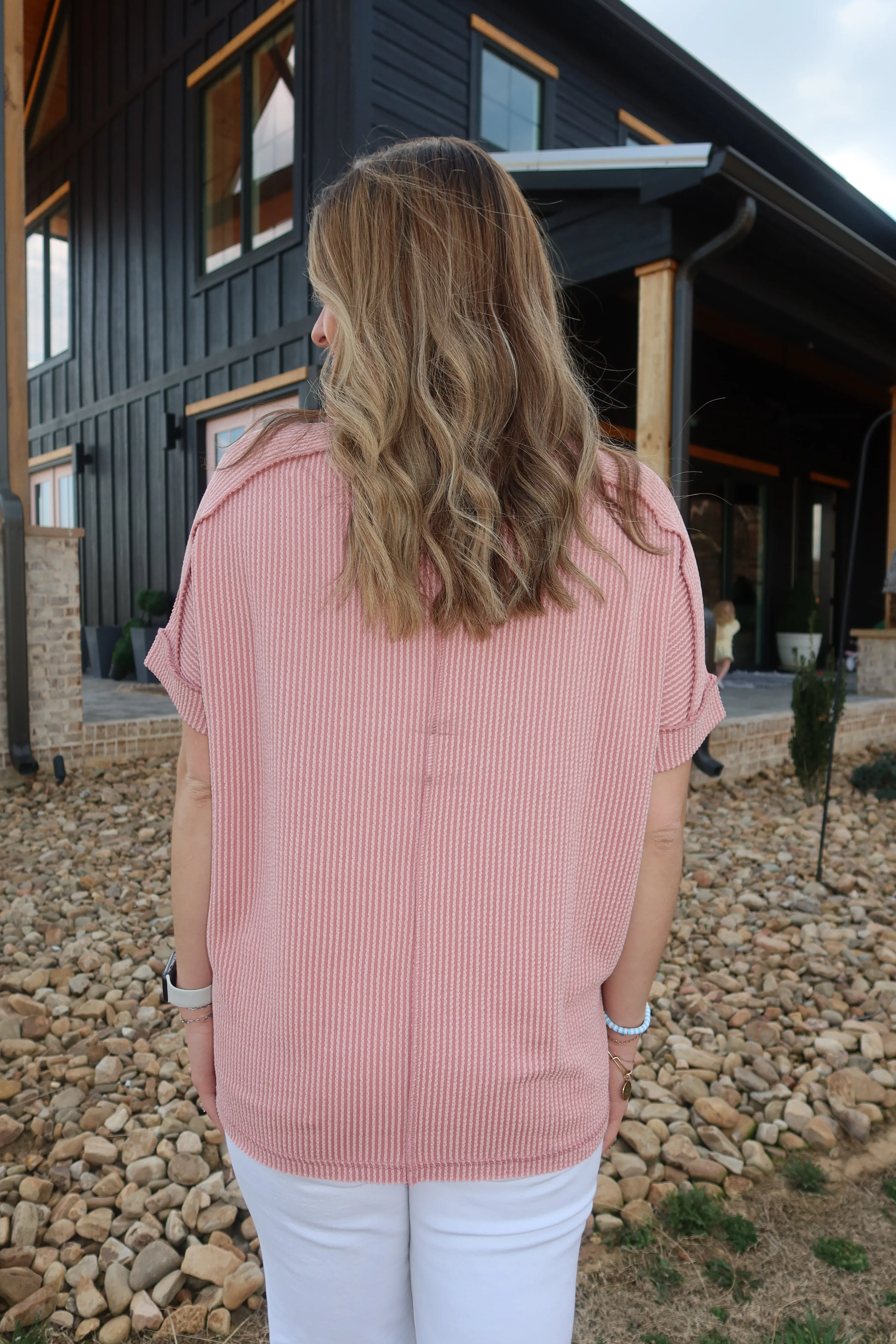 CORDED RIB SHORT CUFF SLEEVE RAW EDGE TOP