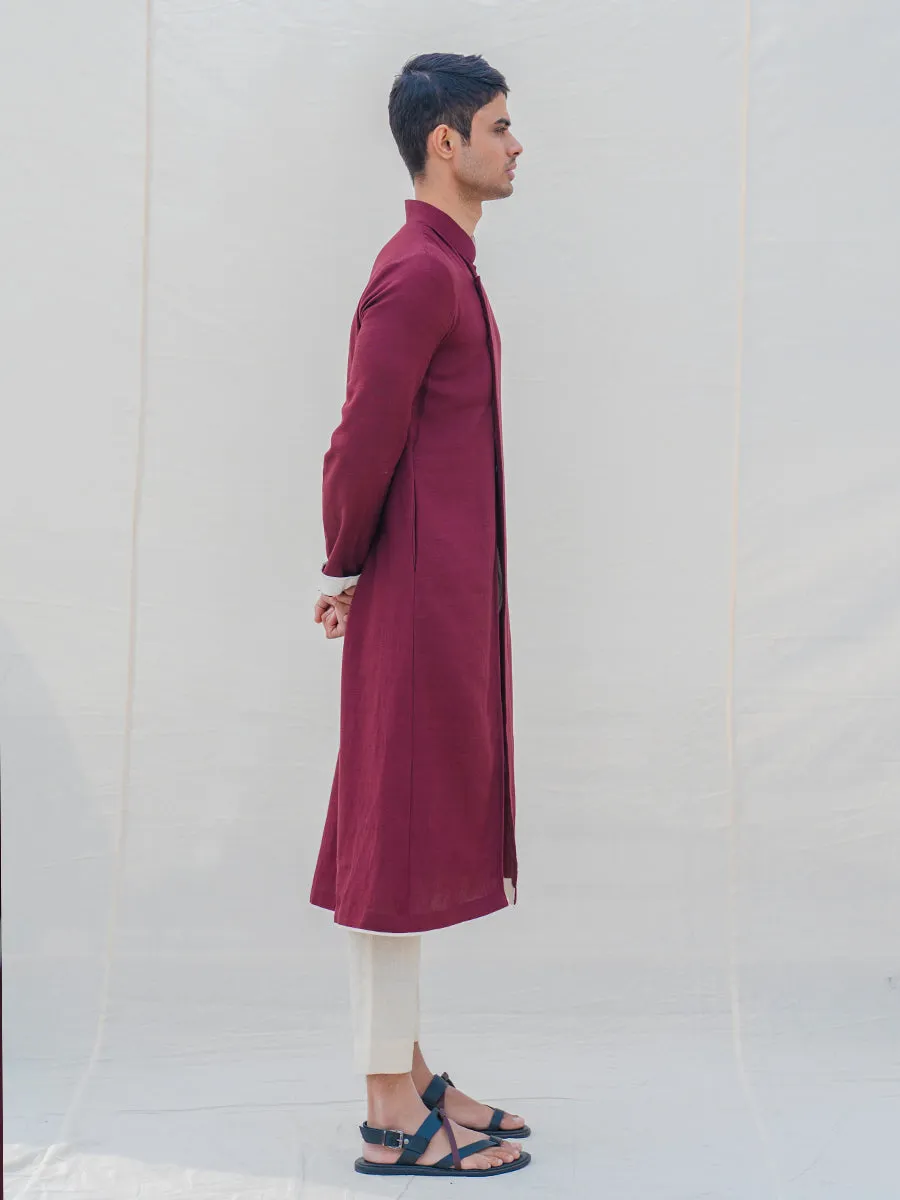 Cotton X Linen Maroon Kurta with Off-White Pant Set