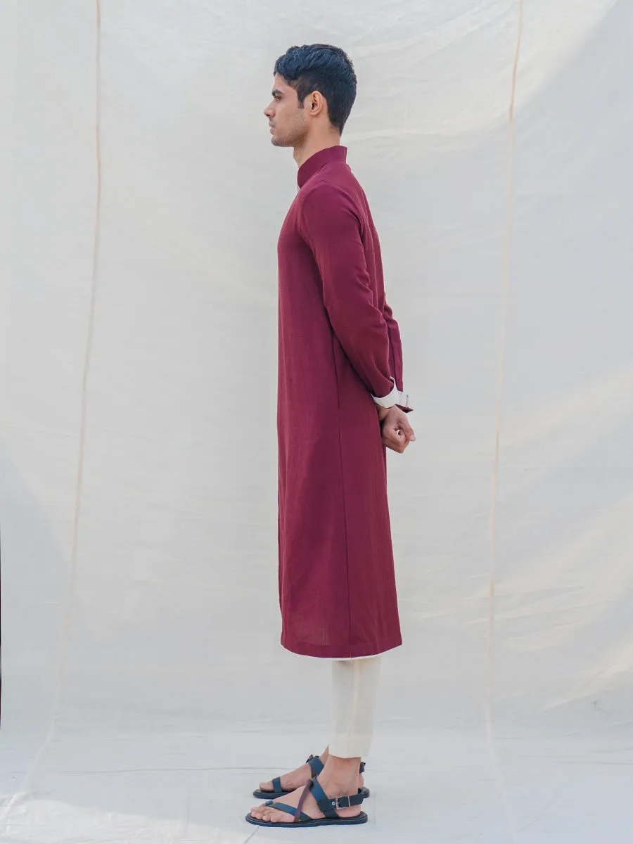 Cotton X Linen Maroon Kurta with Off-White Pant Set