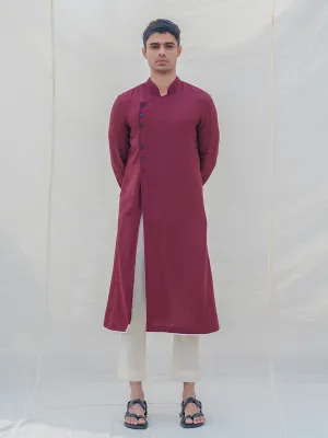 Cotton X Linen Maroon Kurta with Off-White Pant Set
