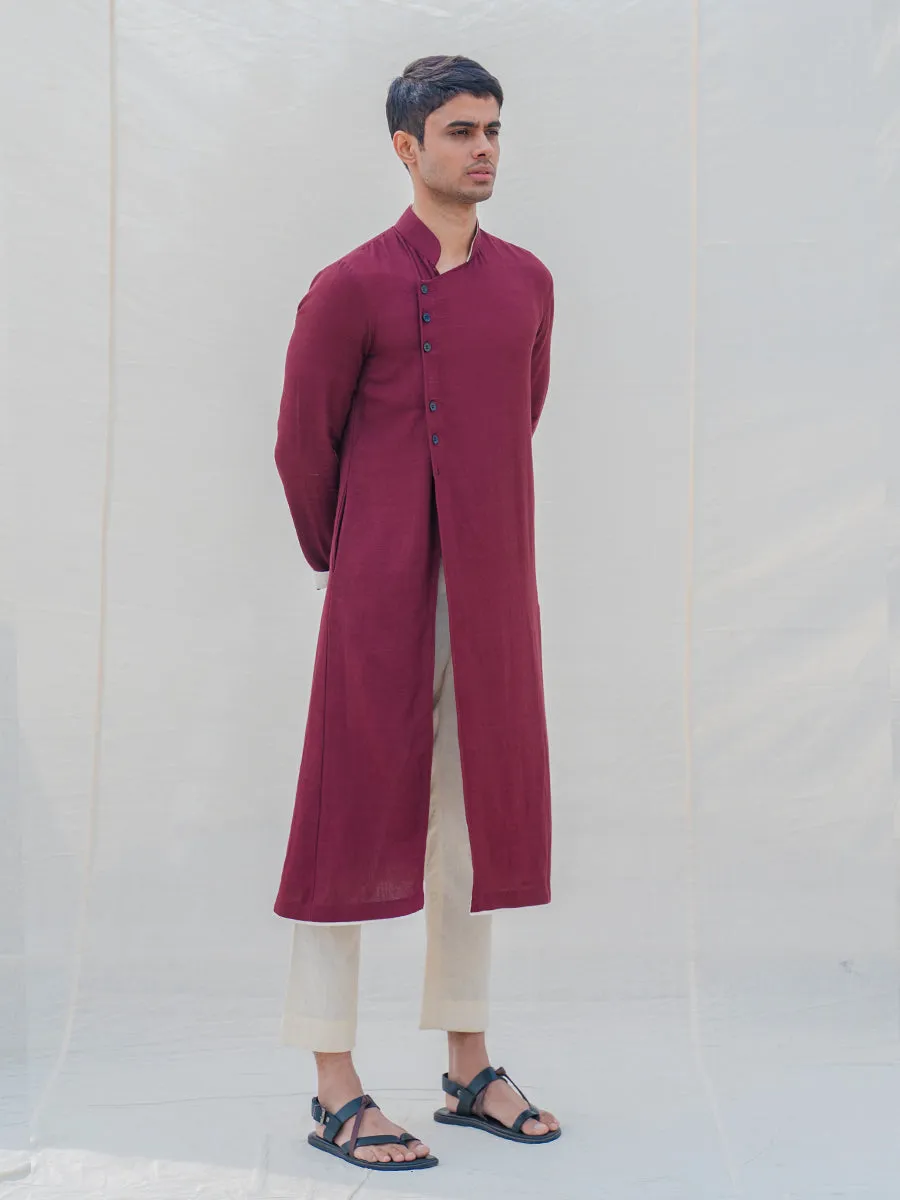 Cotton X Linen Maroon Kurta with Off-White Pant Set