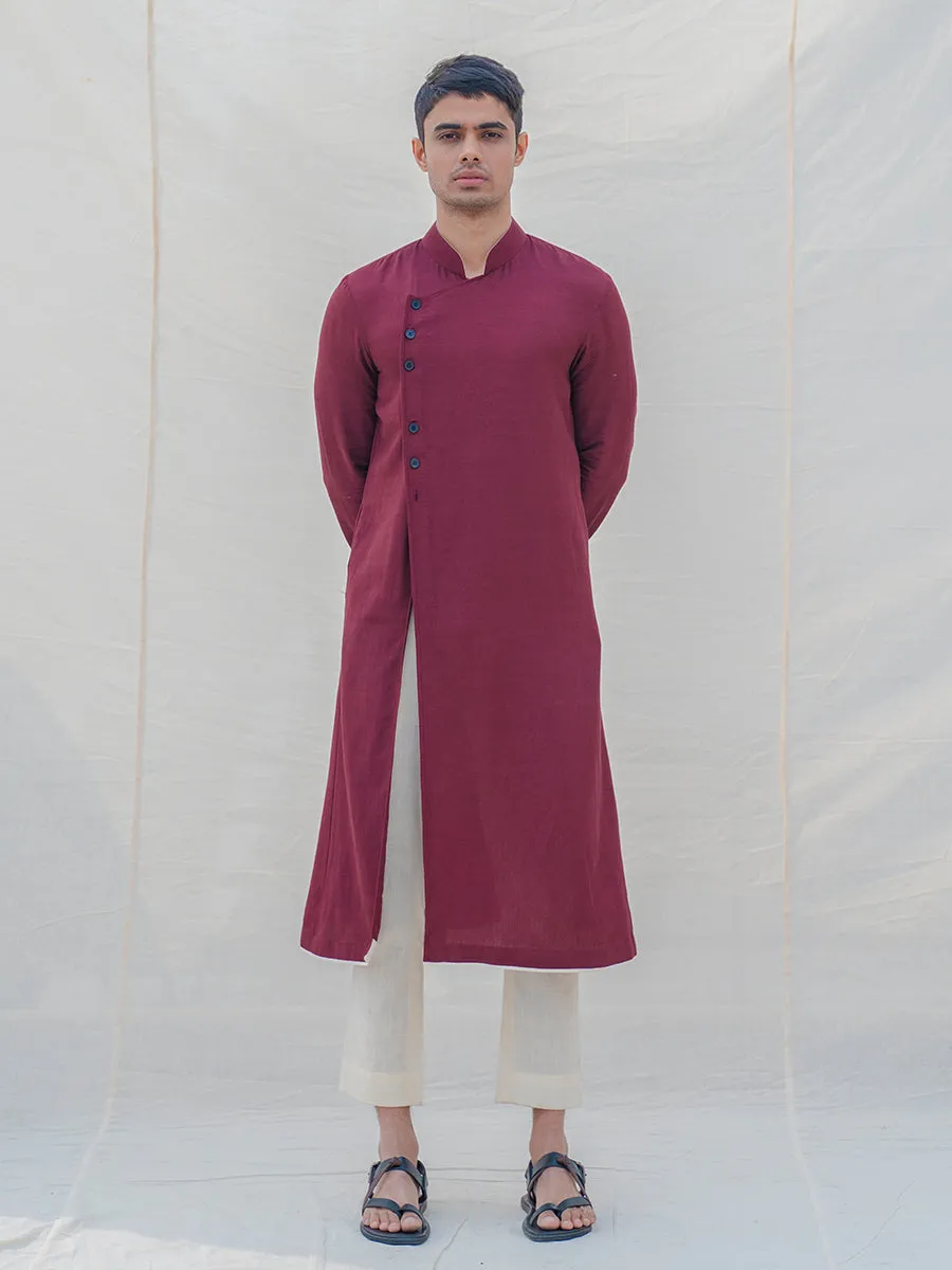 Cotton X Linen Maroon Kurta with Off-White Pant Set