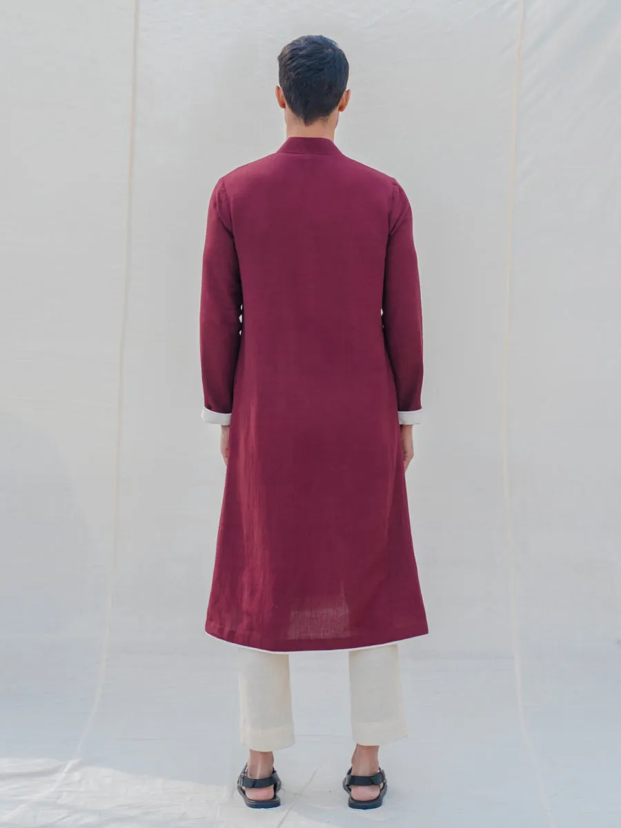 Cotton X Linen Maroon Kurta with Off-White Pant Set