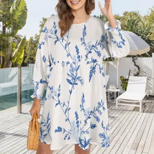 Crew Neck Smocked Short Sleeve Tunic Casual Dress