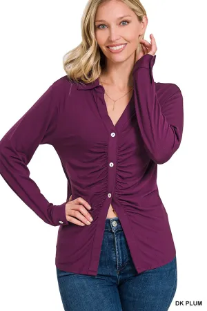 Dark Plum Button Down Ruched Zenana Shirt 10/8/24 9065