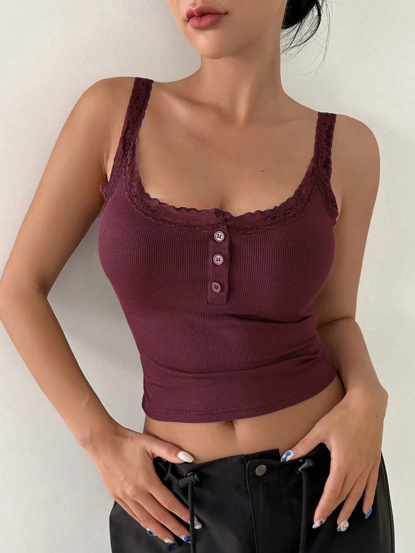 DAZY Lace Trim Button Front Crop Cami Top
