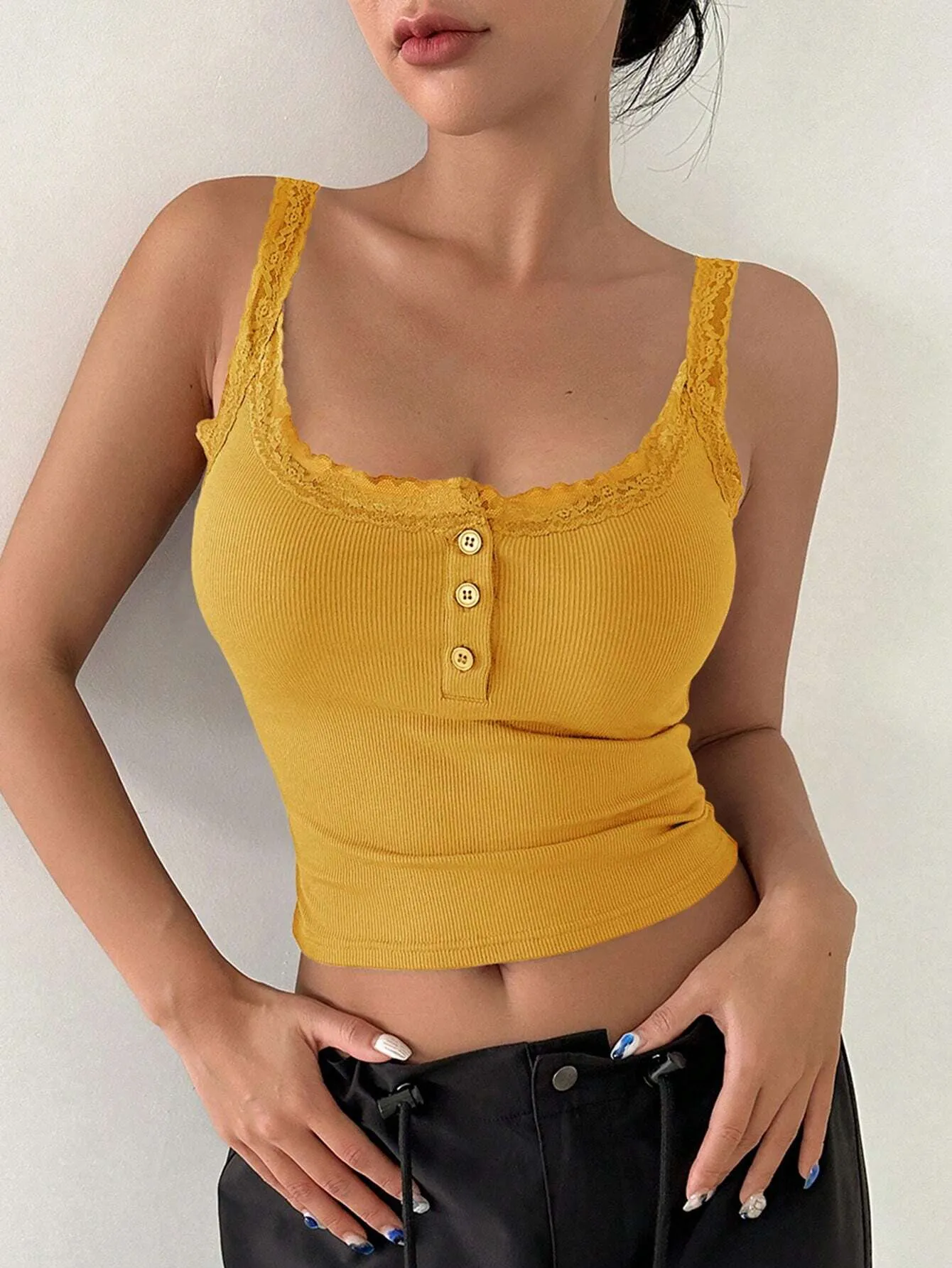 DAZY Lace Trim Button Front Crop Cami Top