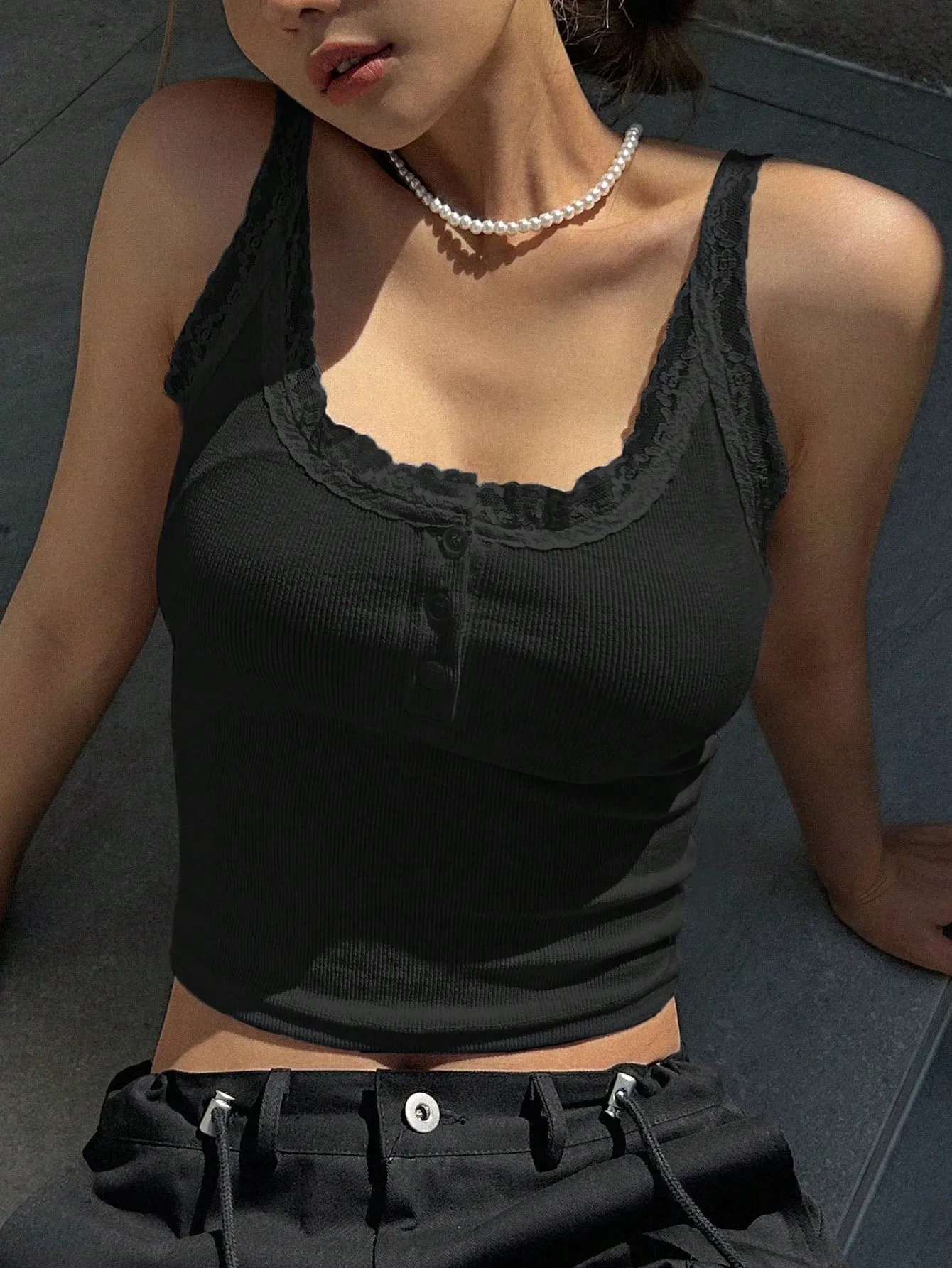 DAZY Lace Trim Button Front Crop Cami Top