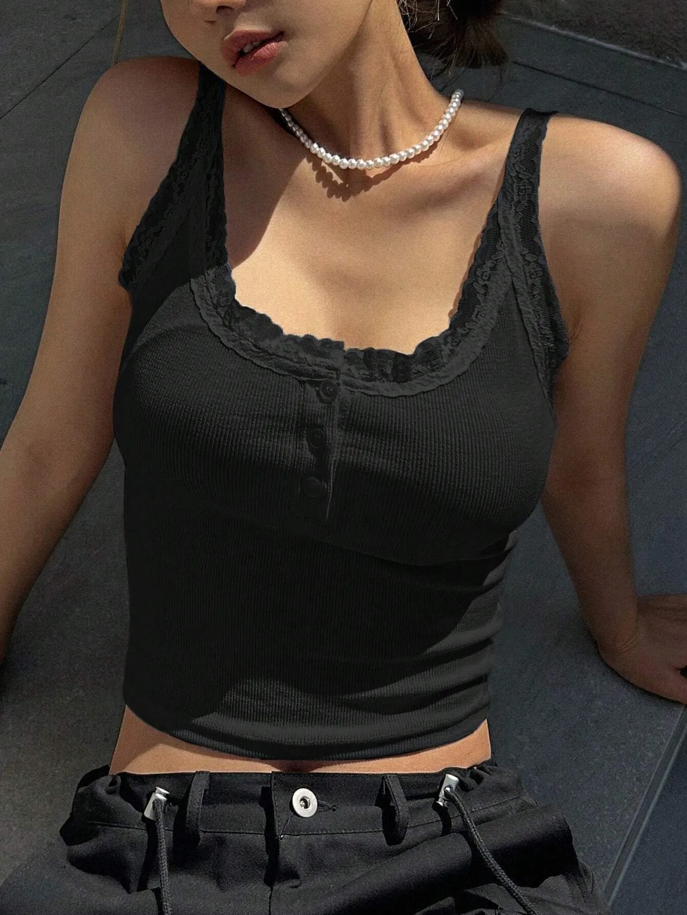 DAZY Lace Trim Button Front Crop Cami Top