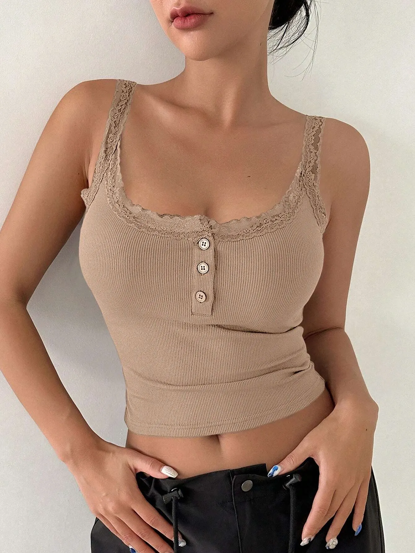 DAZY Lace Trim Button Front Crop Cami Top