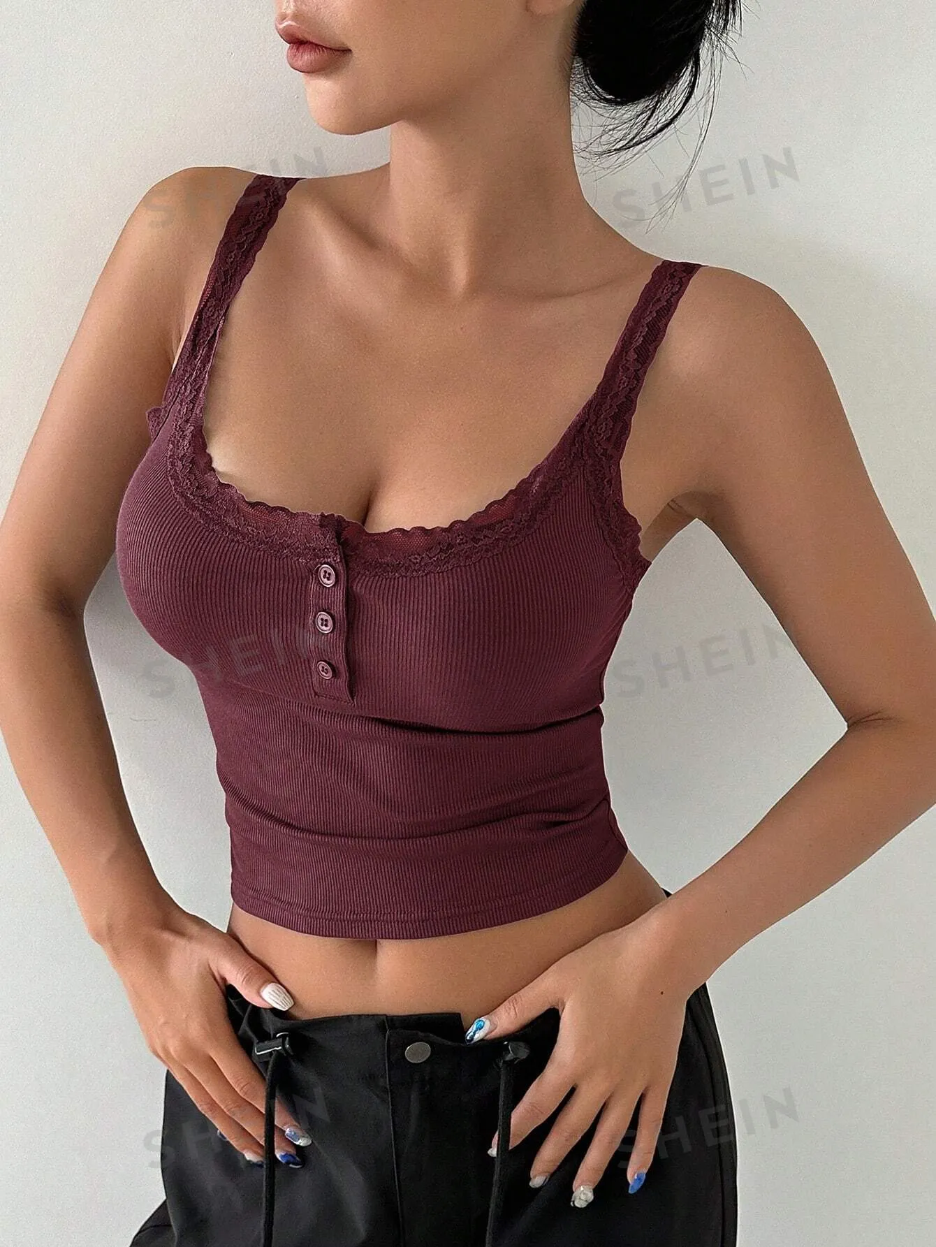 DAZY Lace Trim Button Front Crop Cami Top