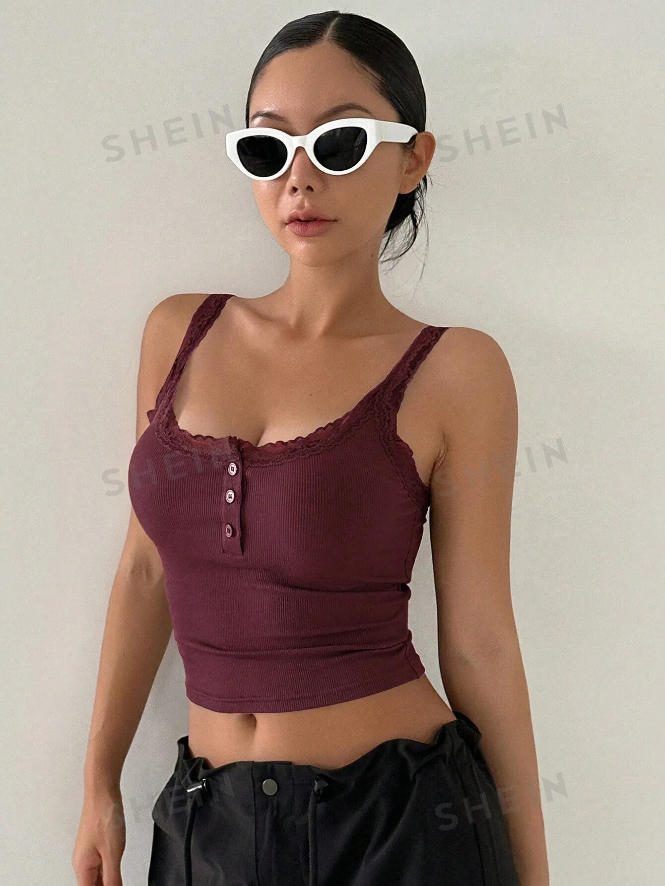 DAZY Lace Trim Button Front Crop Cami Top