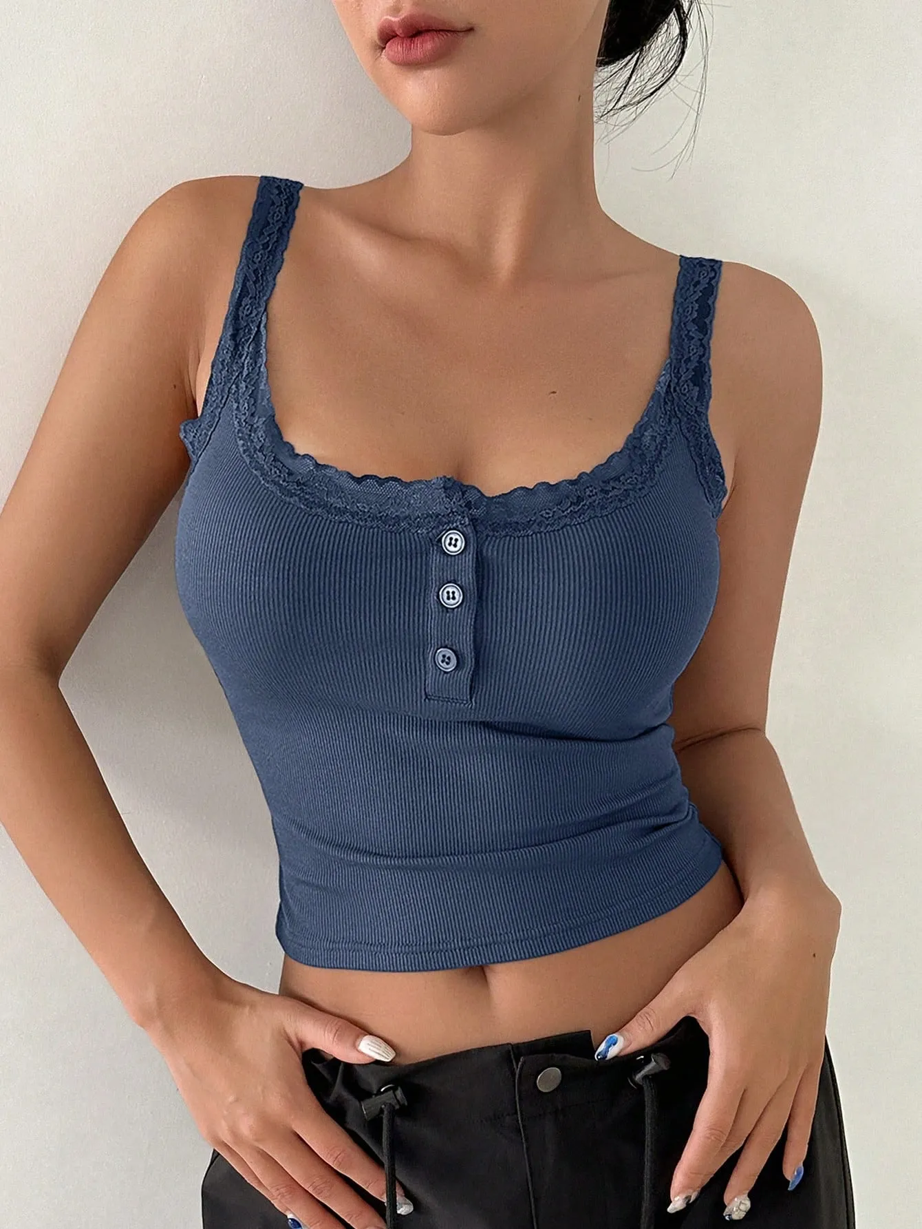 DAZY Lace Trim Button Front Crop Cami Top